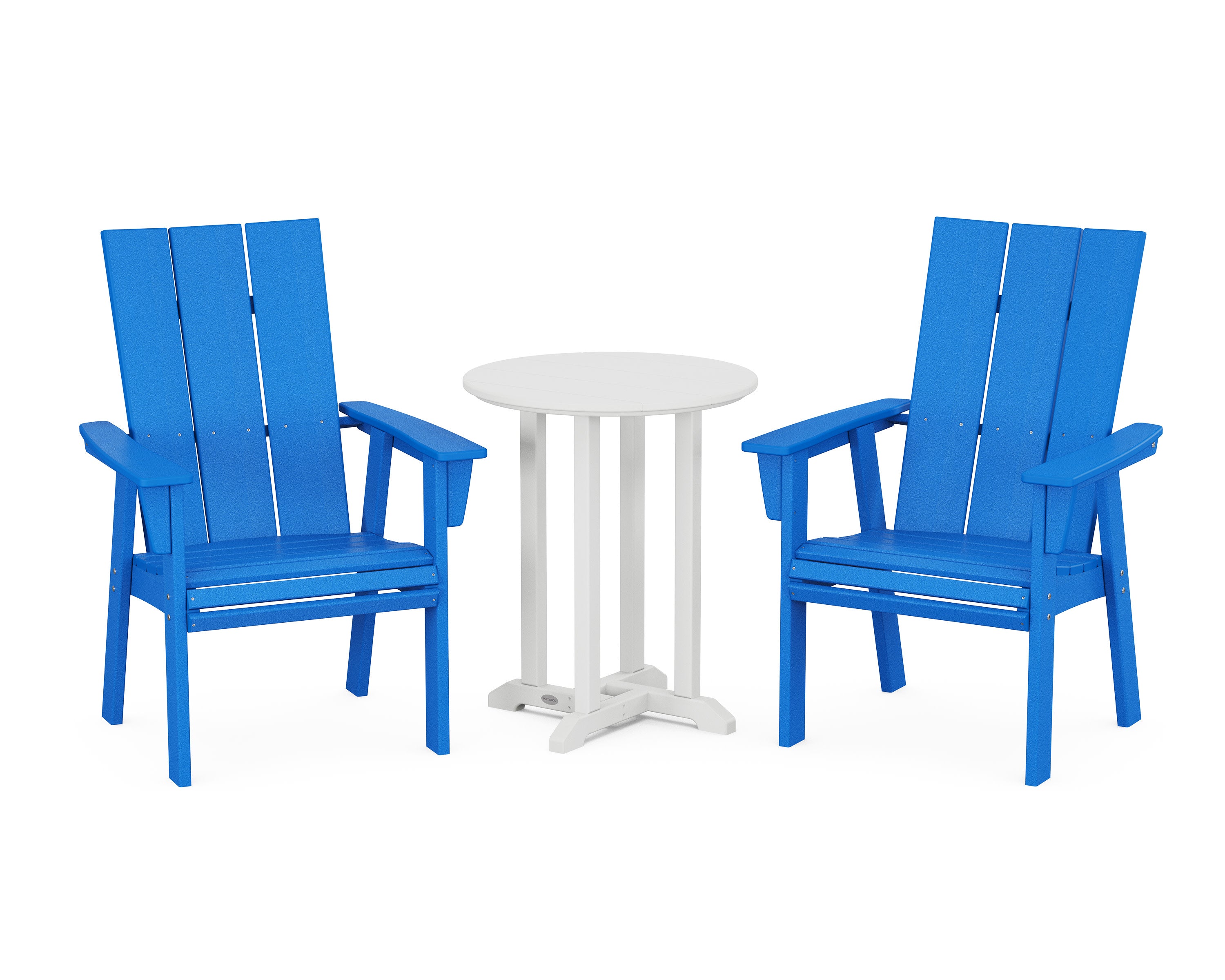 Modern Curveback Adirondack 3-Piece Round Bistro Dining Set in Pacific Blue / White