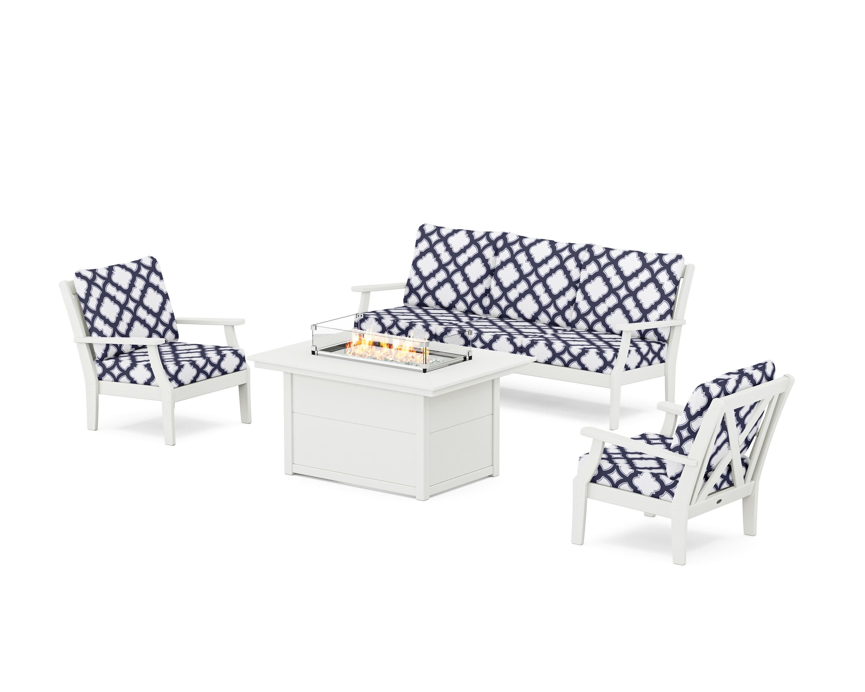 Braxton Deep Seating Fire Pit Table Set in Vintage White / Trellis Navy
