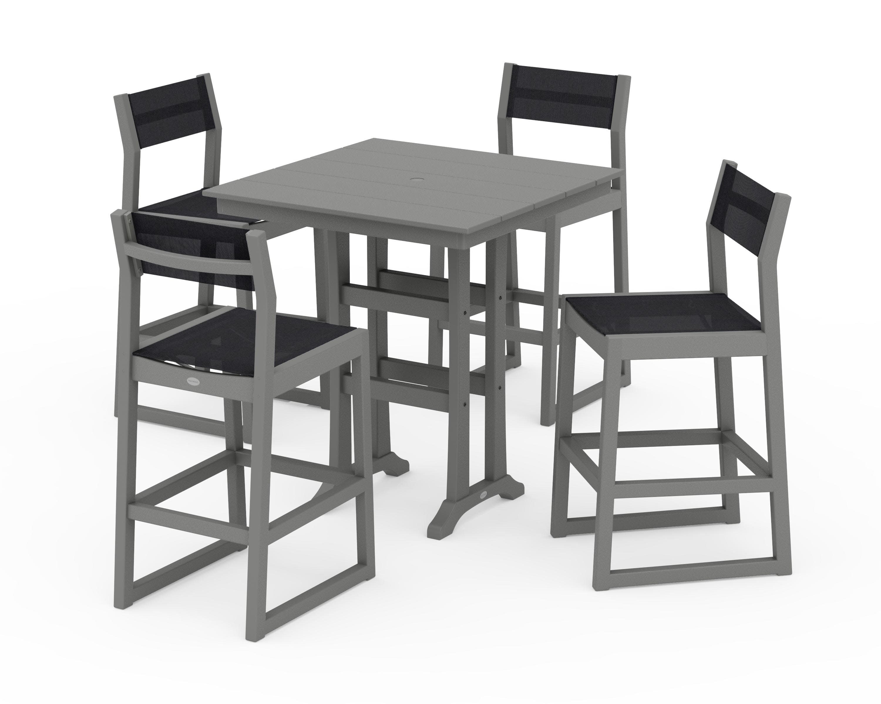 EDGE Sling Arm Chair 5-Piece Farmhouse Bar Set with Trestle Legs in Slate Grey / Black Sling
