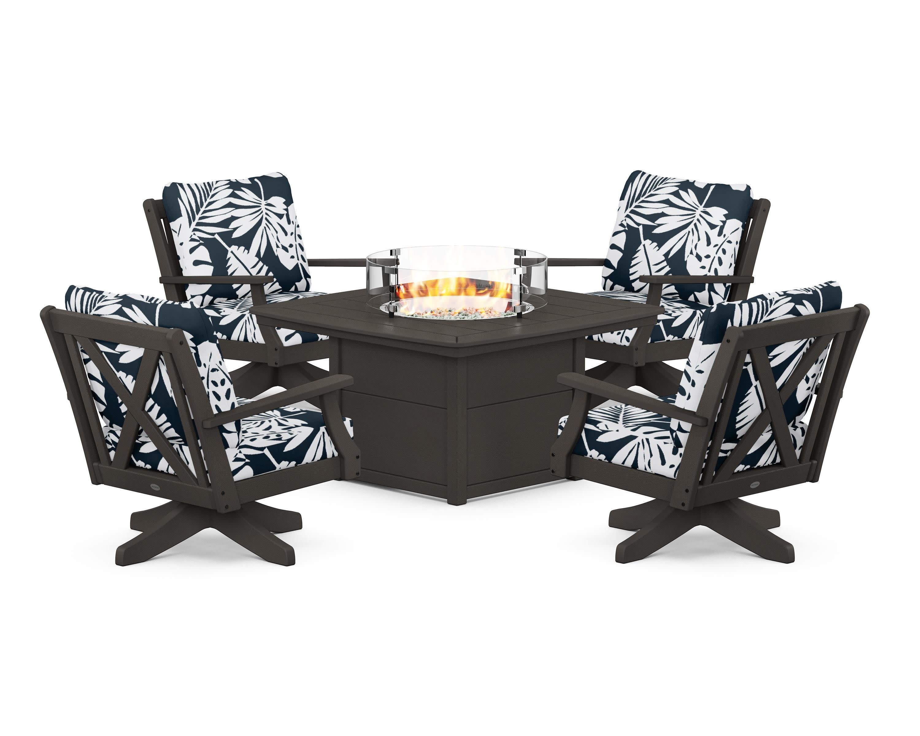 Braxton 5-Piece Deep Seating Swivel Conversation Set with Fire Pit Table in Vintage Coffee / Leaf Marine Indigo