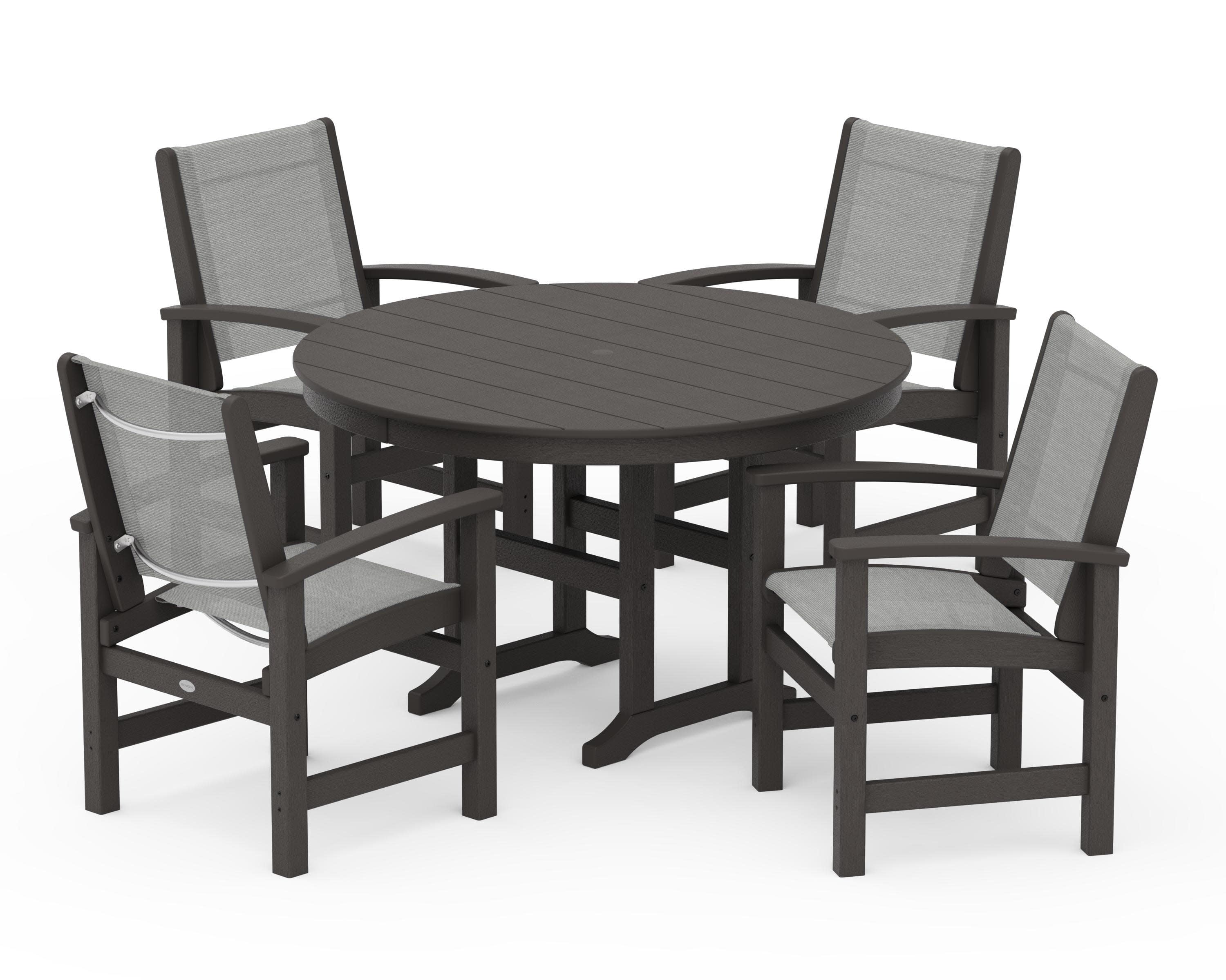 Coastal 5-Piece Round Farmhouse Dining Set in Vintage Coffee / Metallic Sling