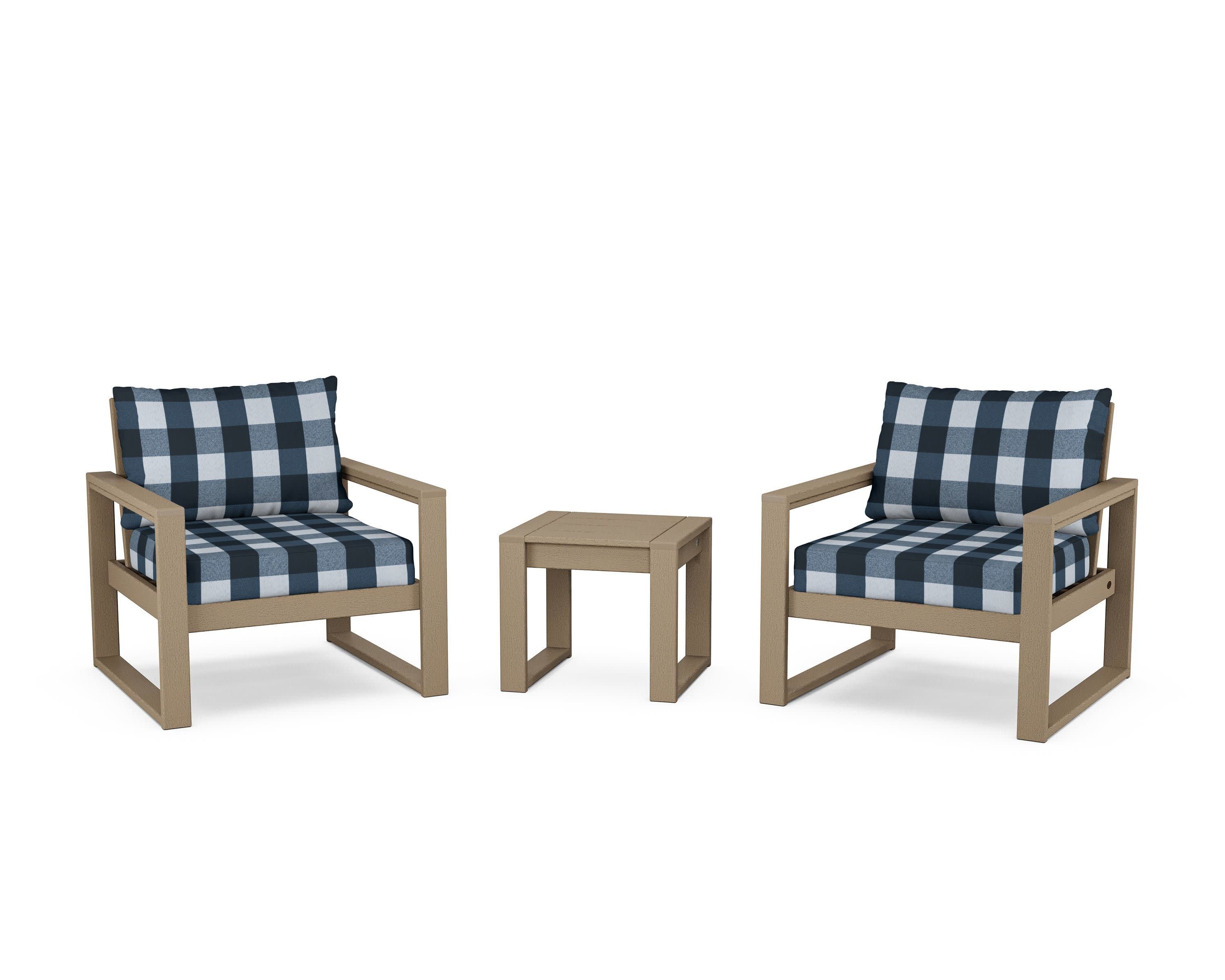 EDGE Sectional 3-Piece Deep Seating Set in Vintage Sahara / Buffalo Plaid Marine Indigo