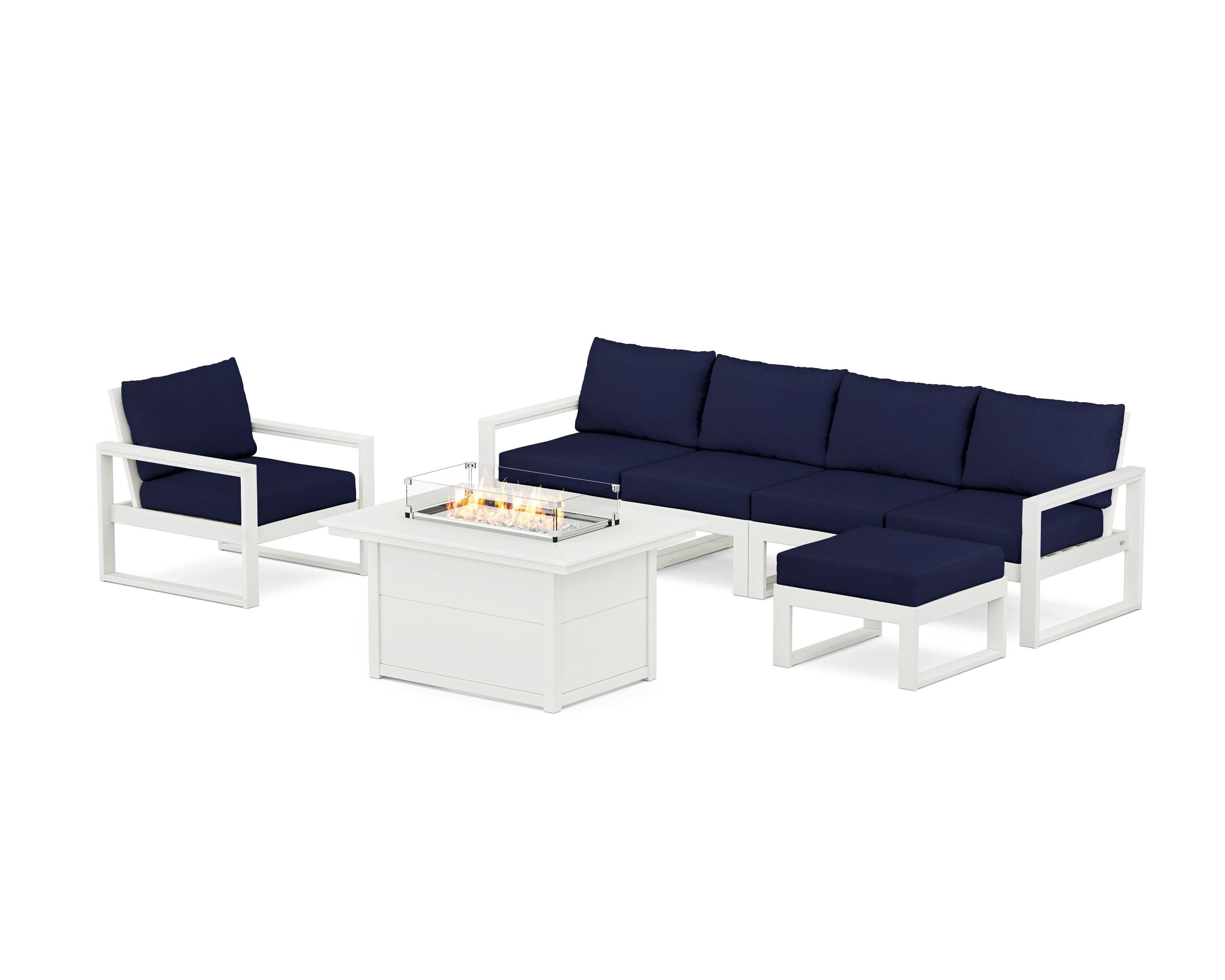EDGE Sectional Lounge and Fire Pit Set in Vintage White / Navy