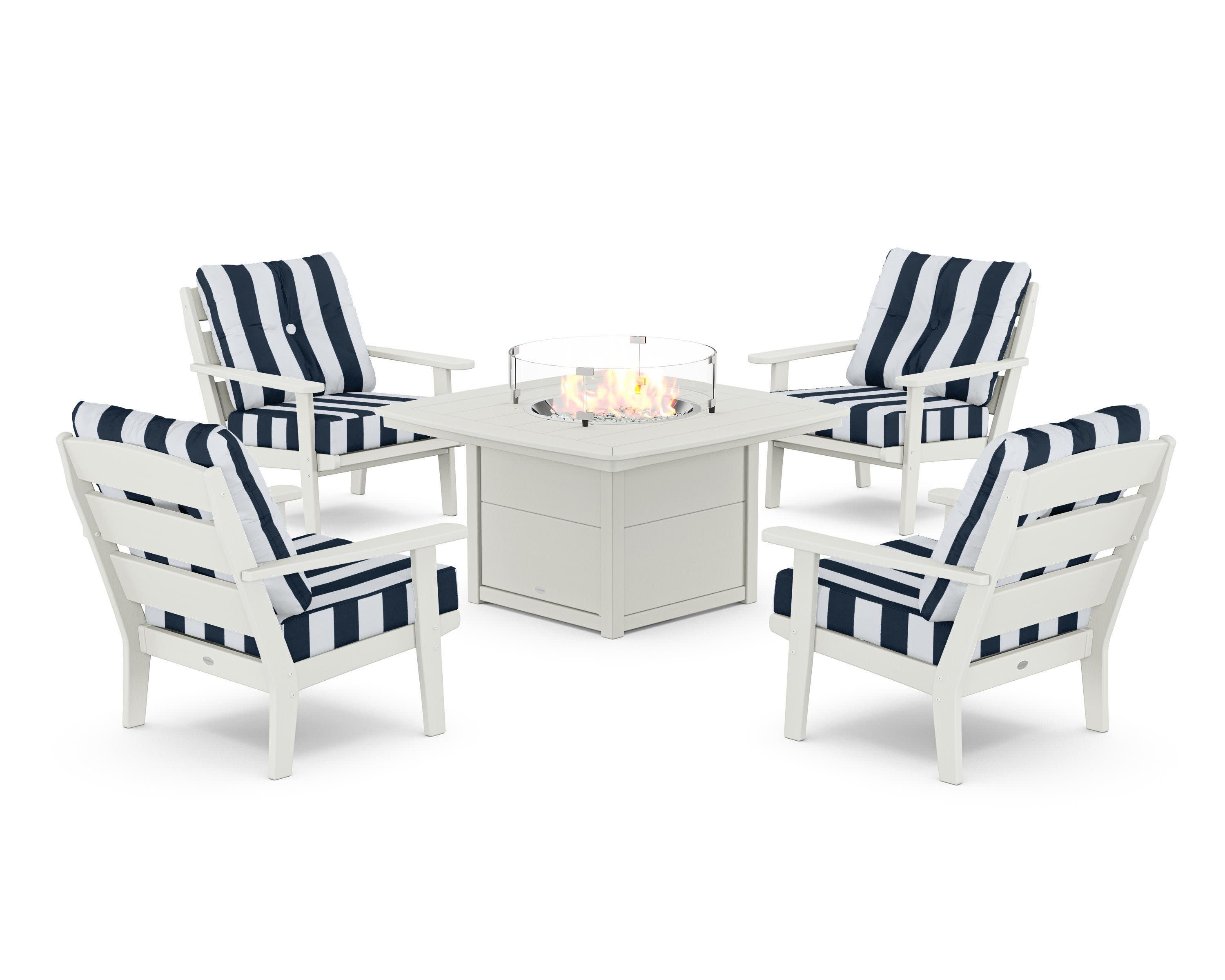 Lakeside 5-Piece Deep Seating Set with Nautical Fire Pit Table in Vintage White / Cabana Stripe Marine Indigo
