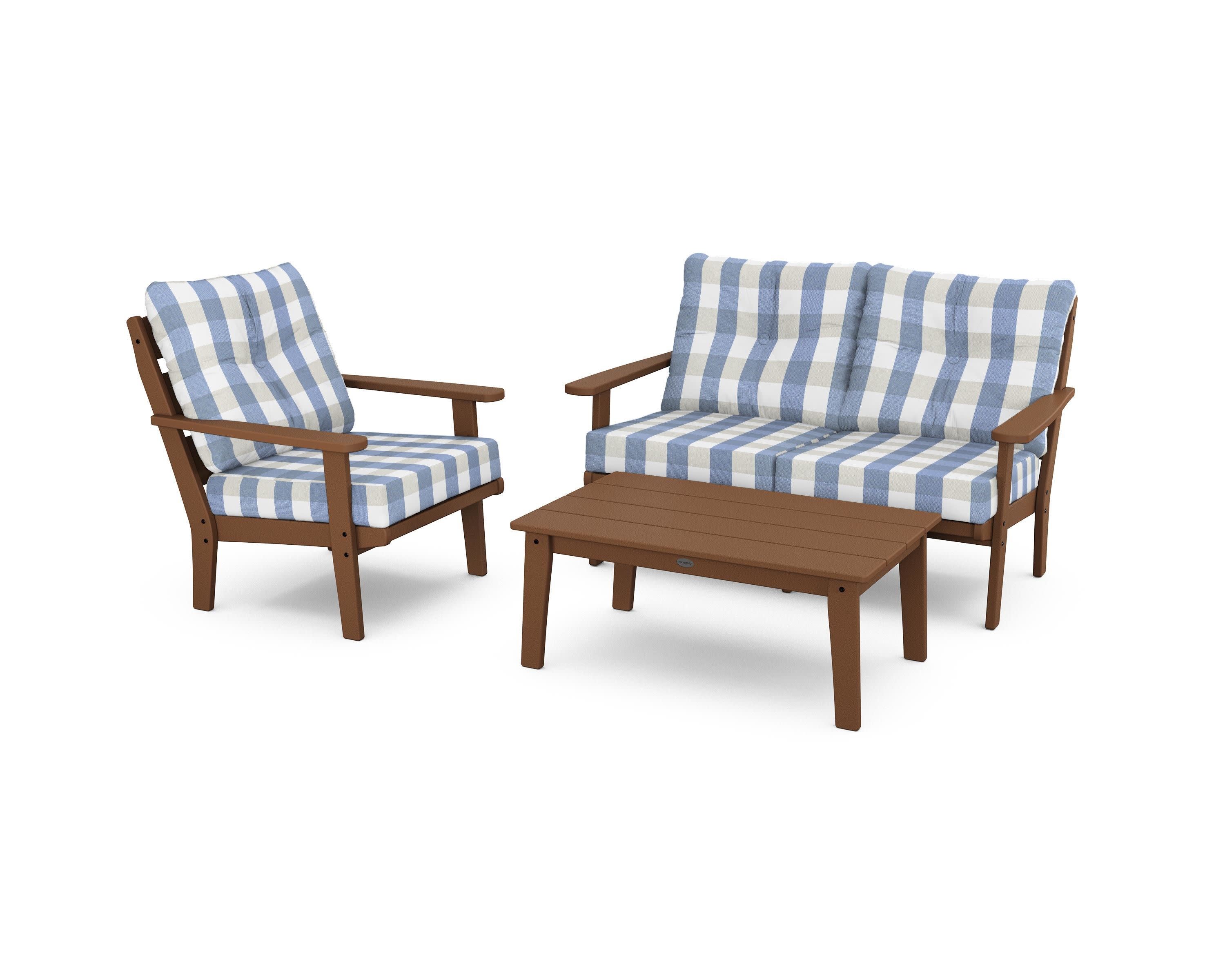 Lakeside 3-Piece Deep Seating Set in Teak / Buffalo Plaid Sky Blue