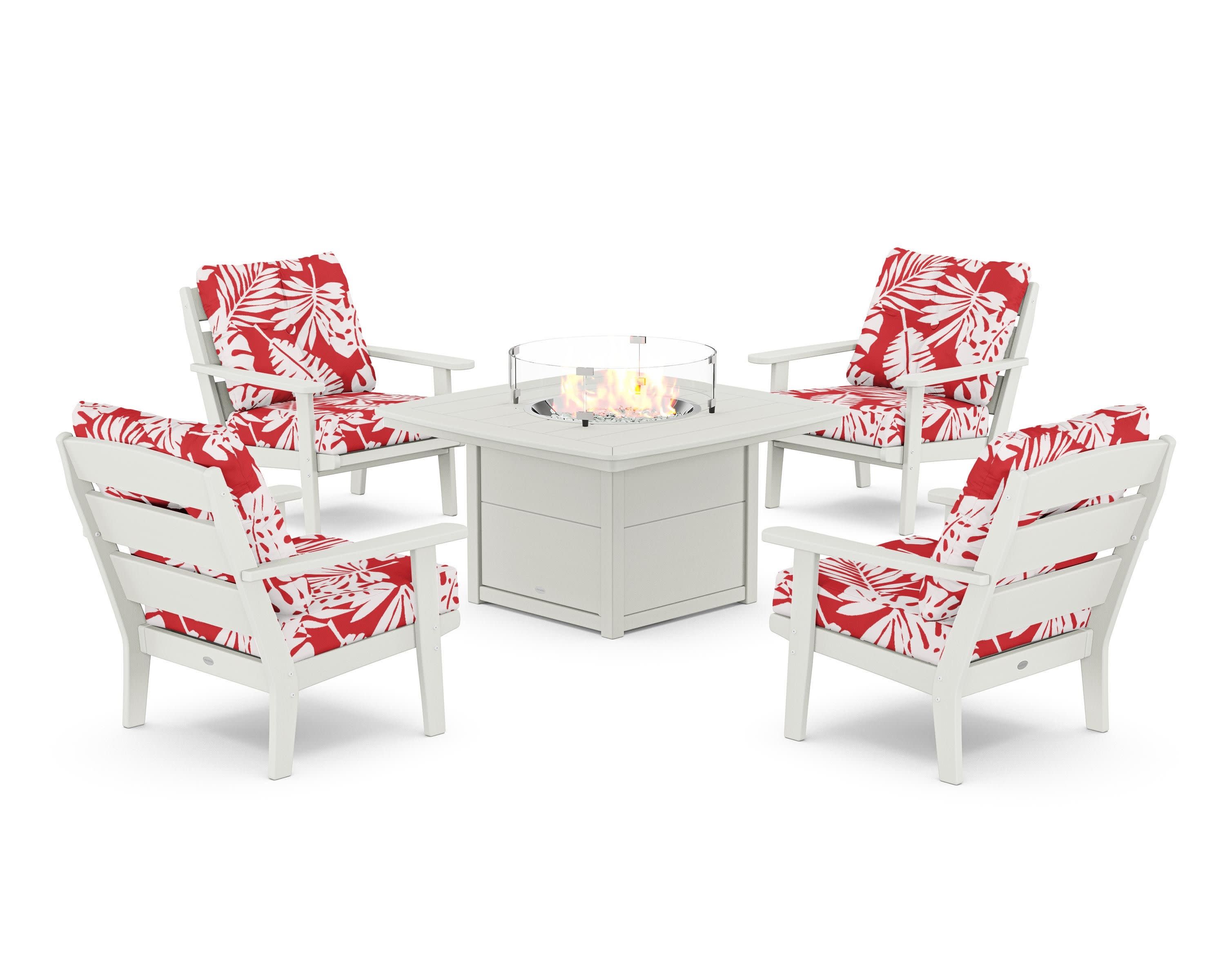 Lakeside 5-Piece Deep Seating Set with Nautical Fire Pit Table in Vintage White / Leaf Crimson