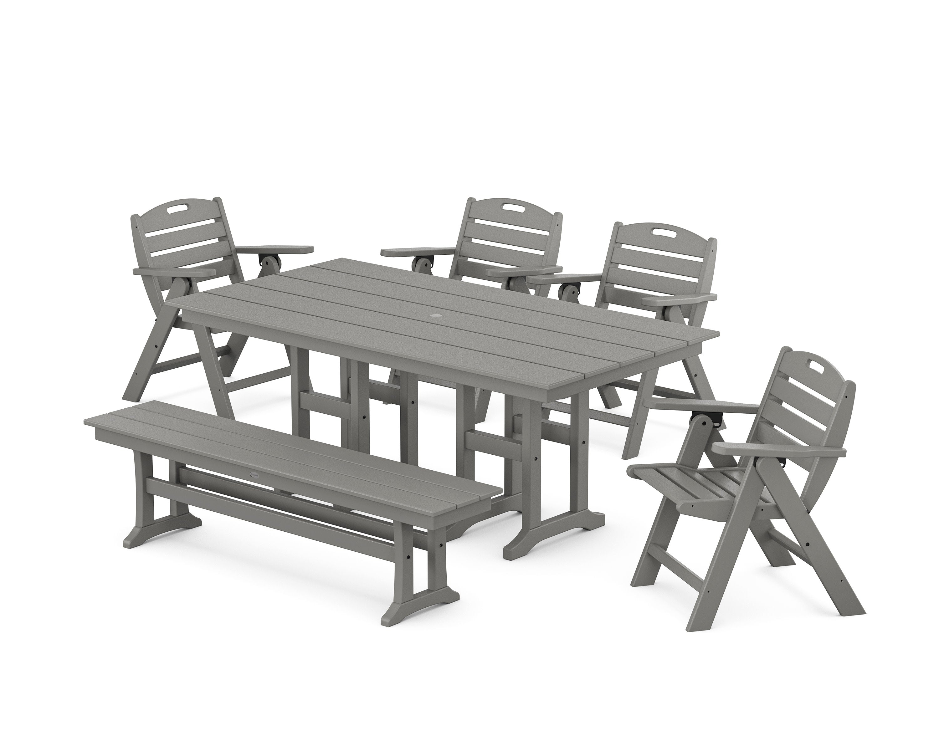 Nautical Lowback 6-Piece Farmhouse Dining Set with Bench in Slate Grey