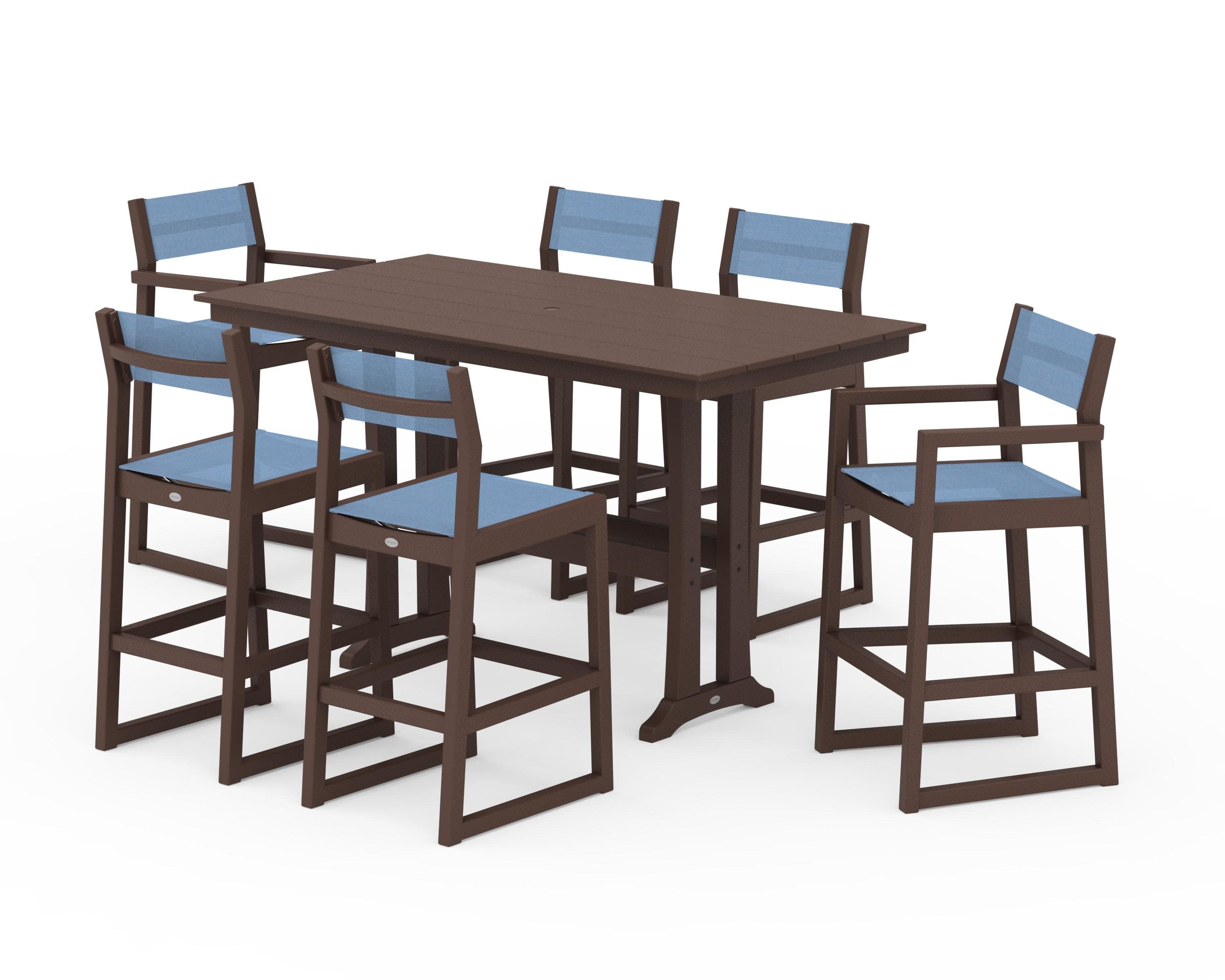 EDGE Sling 7-Piece Farmhouse Bar Set with Trestle Legs in Mahogany / Poolside Sling