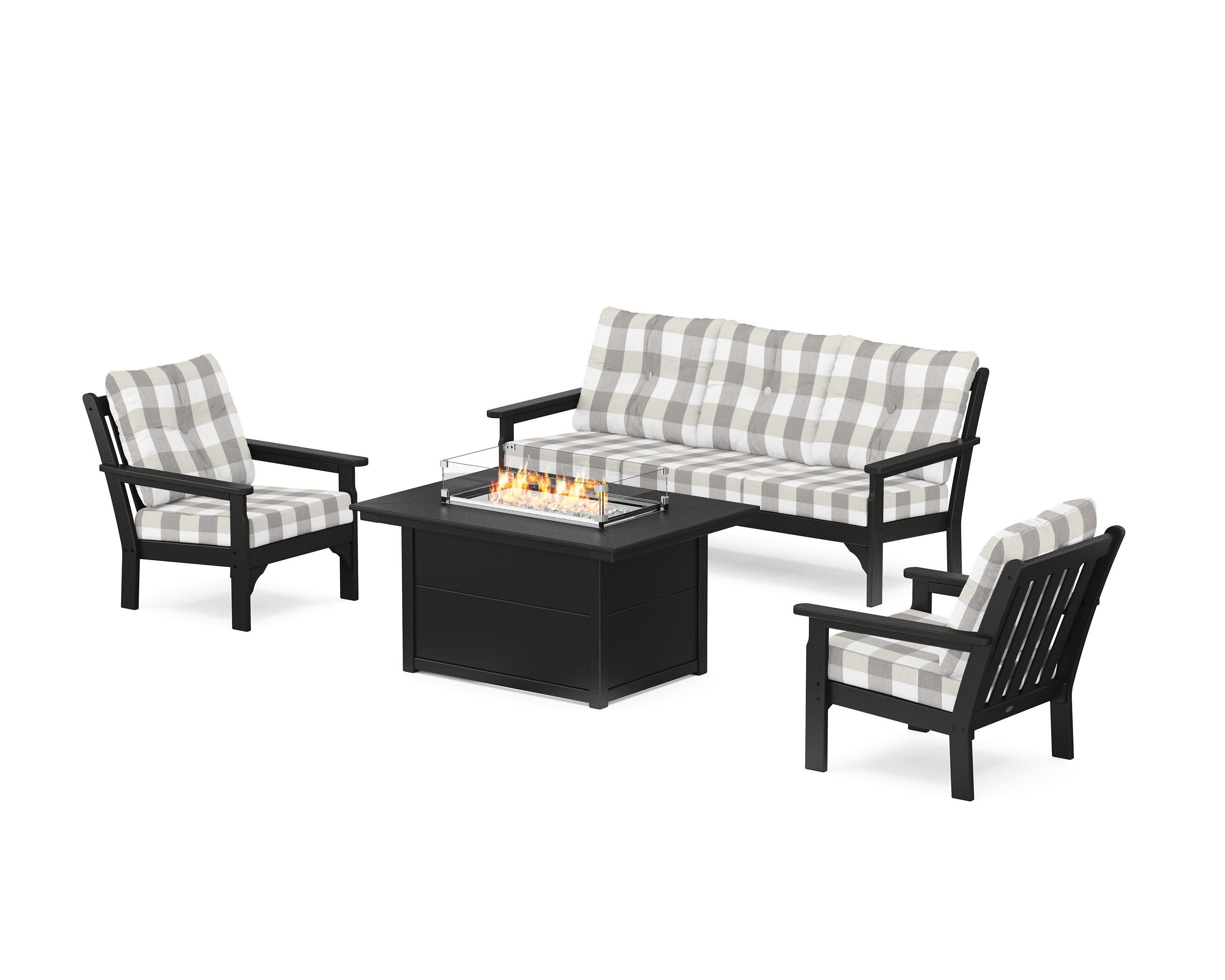 Vineyard Deep Seating Fire Pit Table Set in Black / Buffalo Plaid Grey Mist