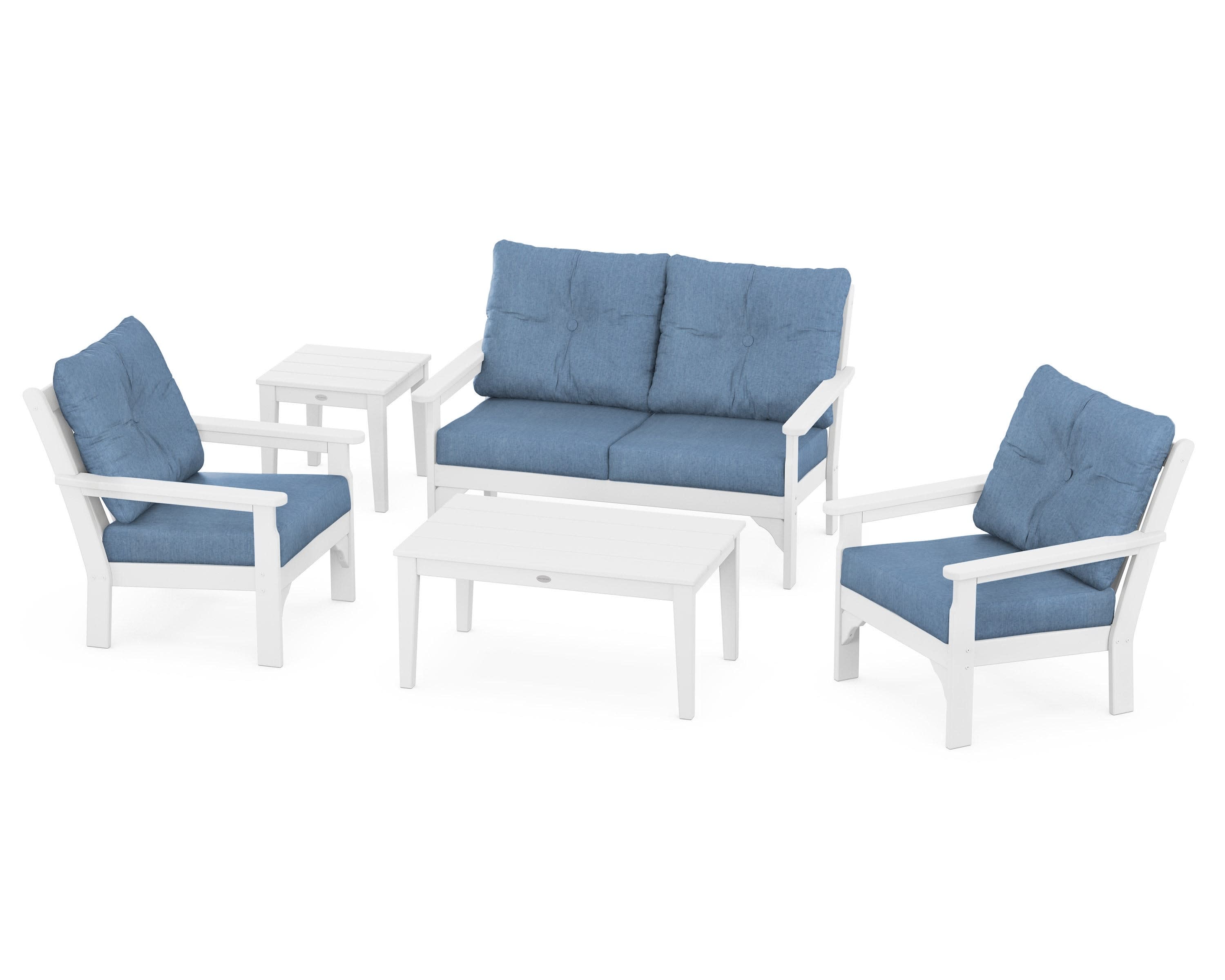 Vineyard 5-Piece Deep Seating Set in White / Sky Blue
