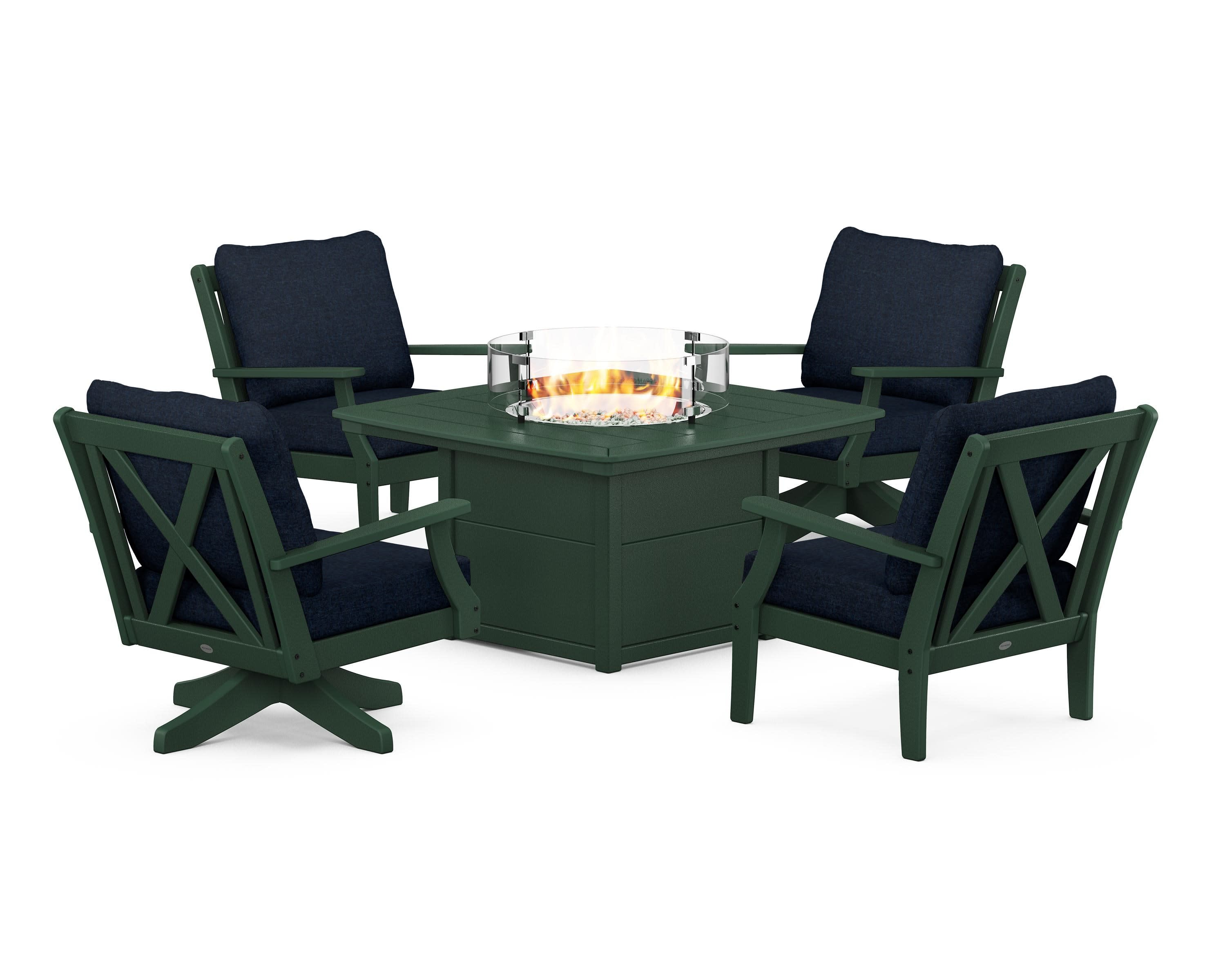 Braxton 5-Piece Deep Seating Set with Fire Table in Green / Marine Indigo