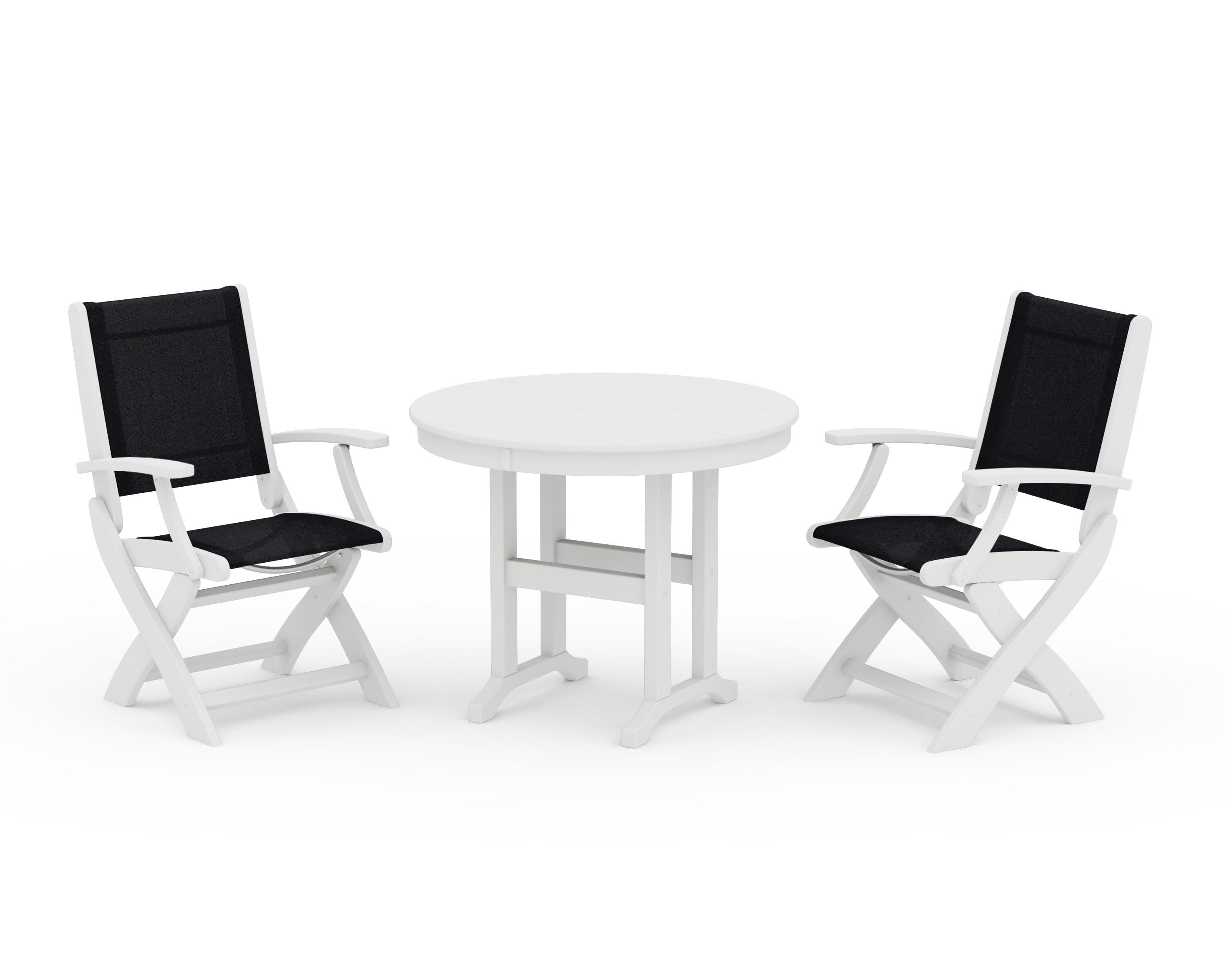 Coastal Folding Chair 3-Piece Round Dining Set in White / Black Sling