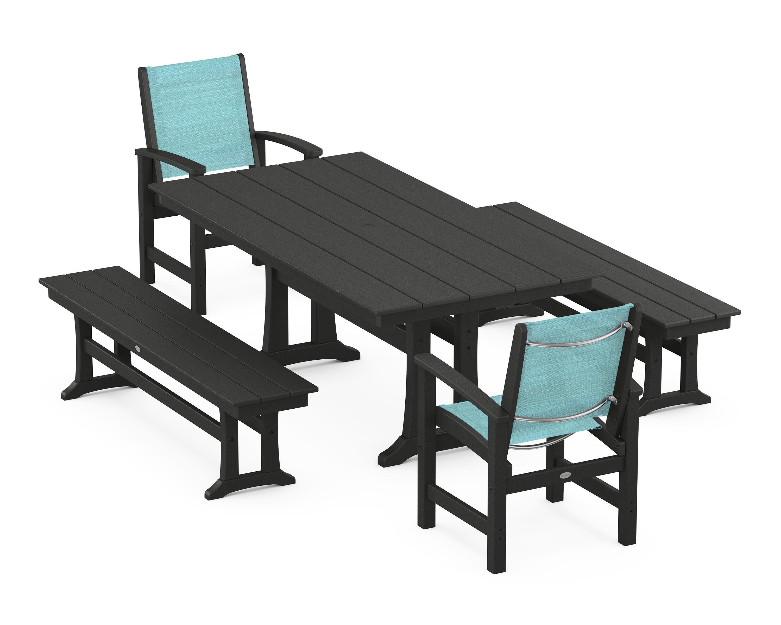 Coastal 5-Piece Farmhouse Dining Set with Trestle Legs and Benches in Black / Dupioni Aquamarine Sling