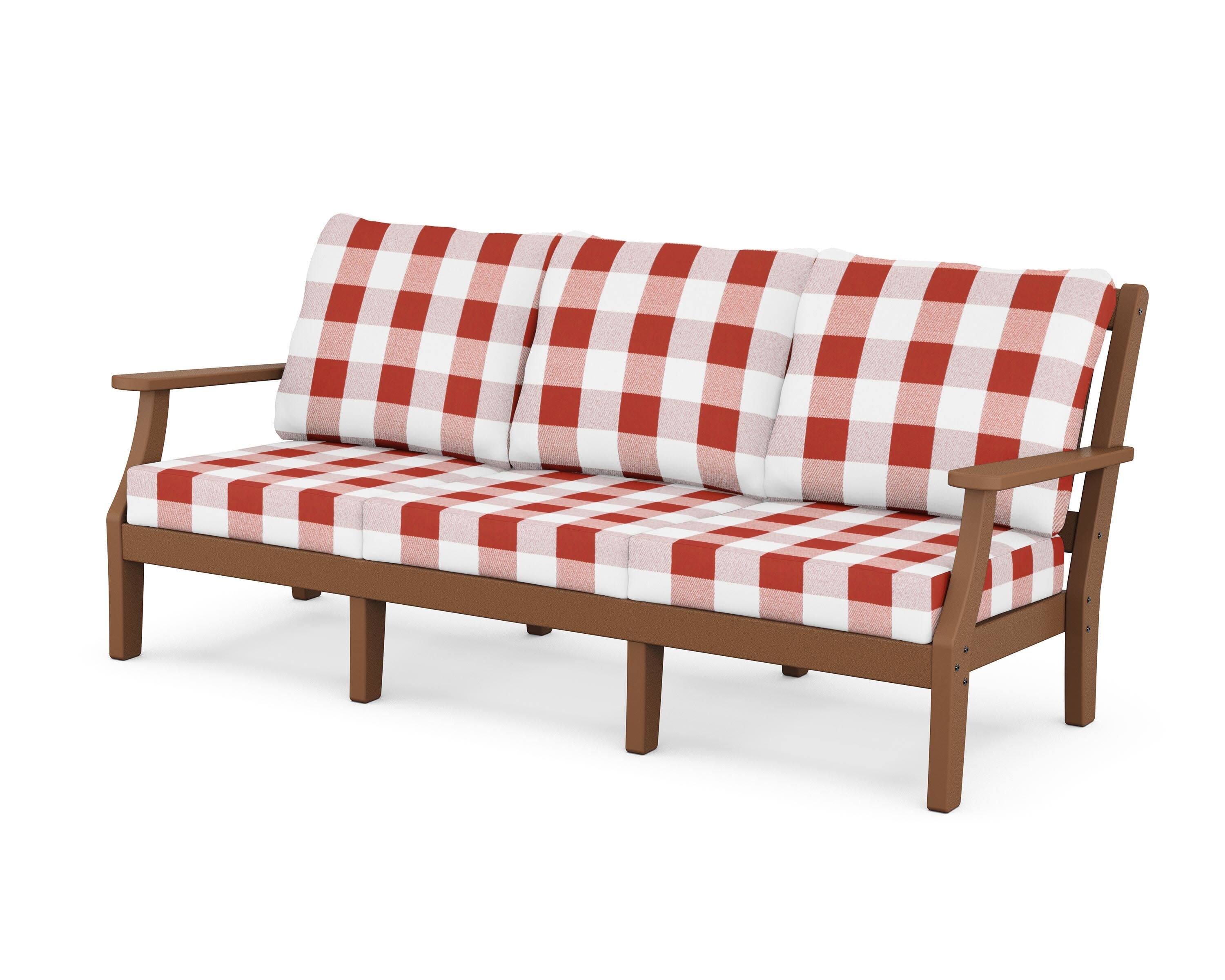 Chinoiserie Deep Seating Sofa in Teak / Buffalo Plaid Crimson