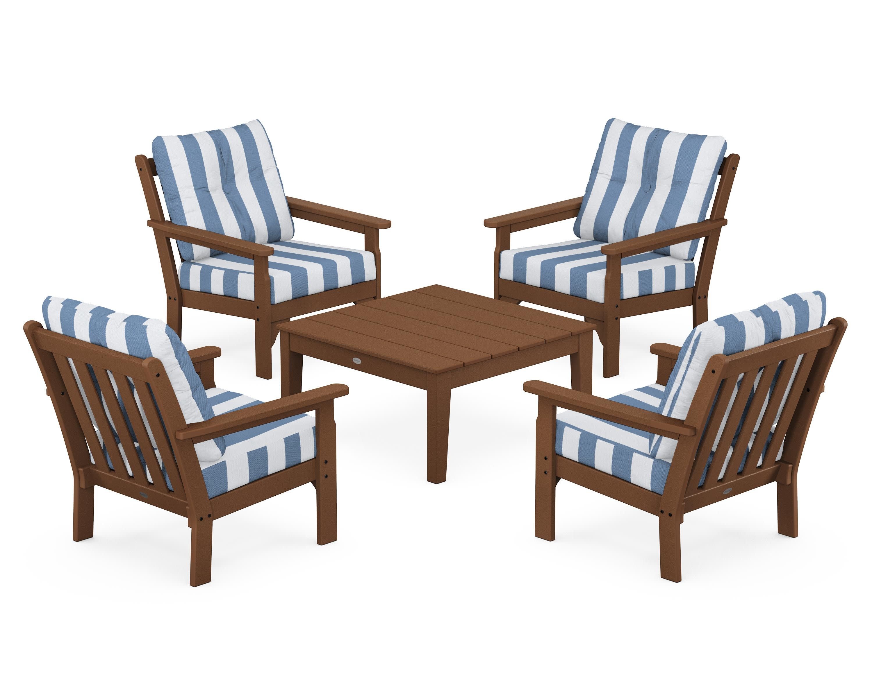 Vineyard 5-Piece Deep Seating Conversation Set in Teak / Cabana Stripe Sky Blue