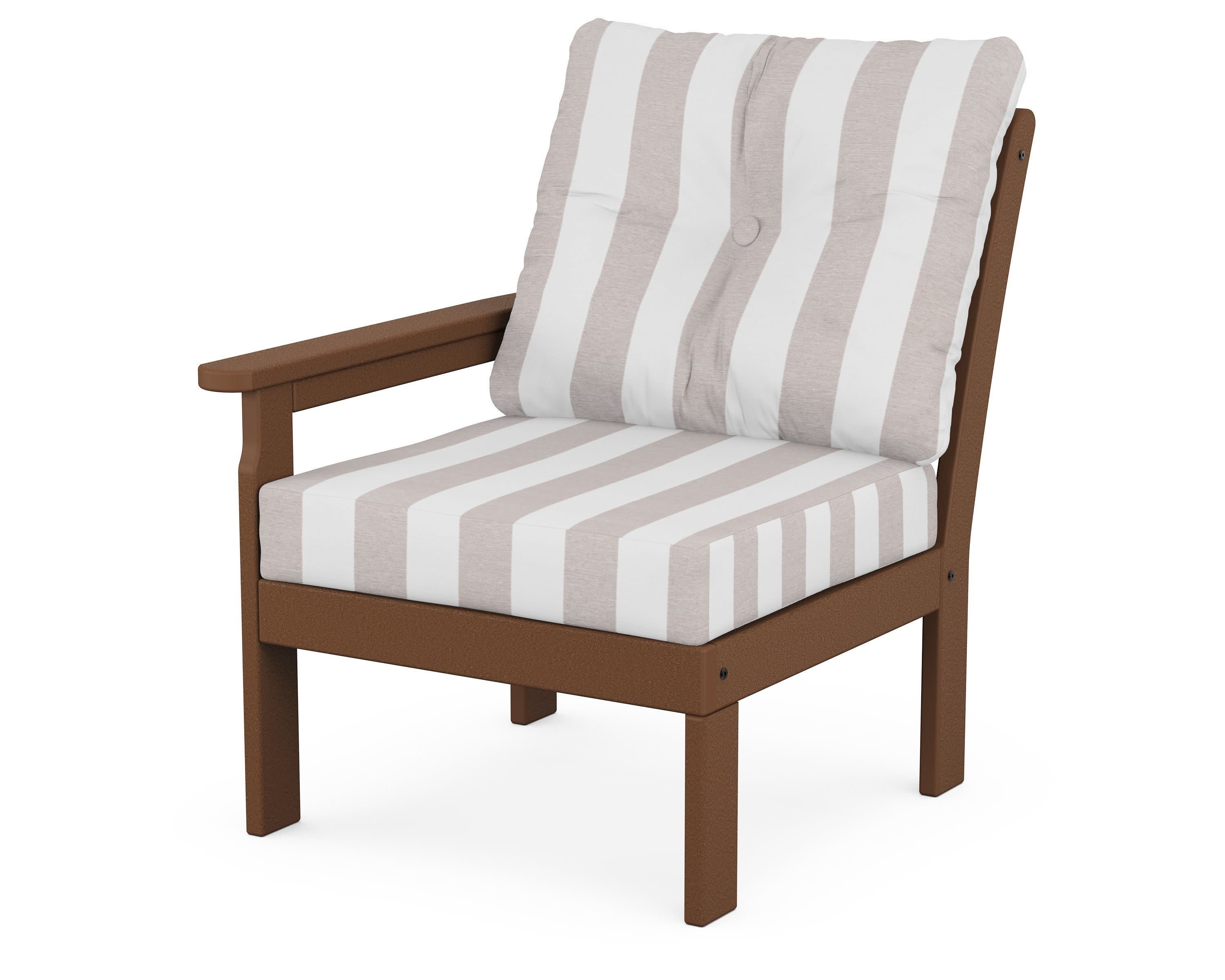 Vineyard Modular Left Arm Chair in Teak / Cabana Stripe Dune Burlap