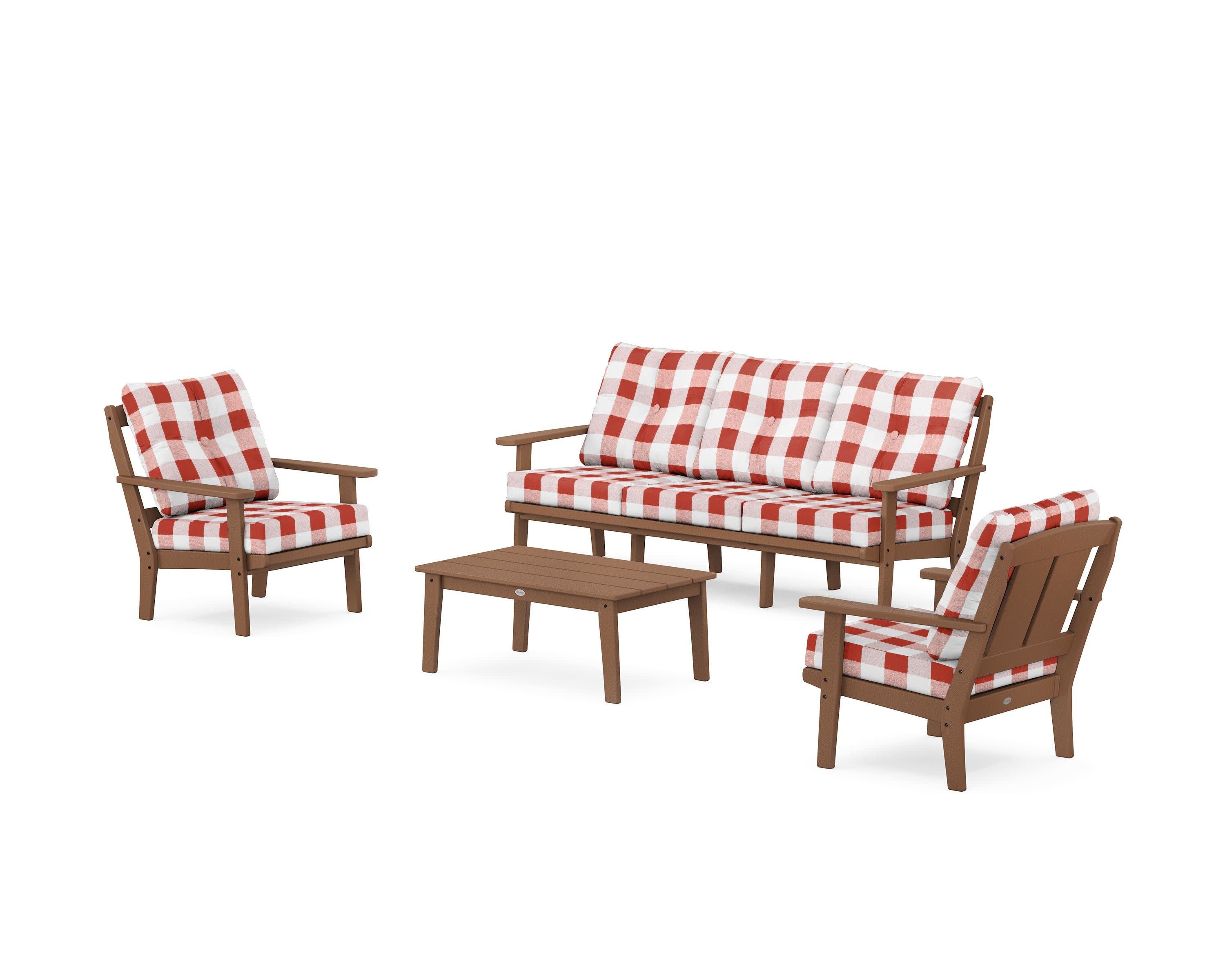 Mission 4-Piece Deep Seating Set with Sofa in Teak / Buffalo Plaid Crimson
