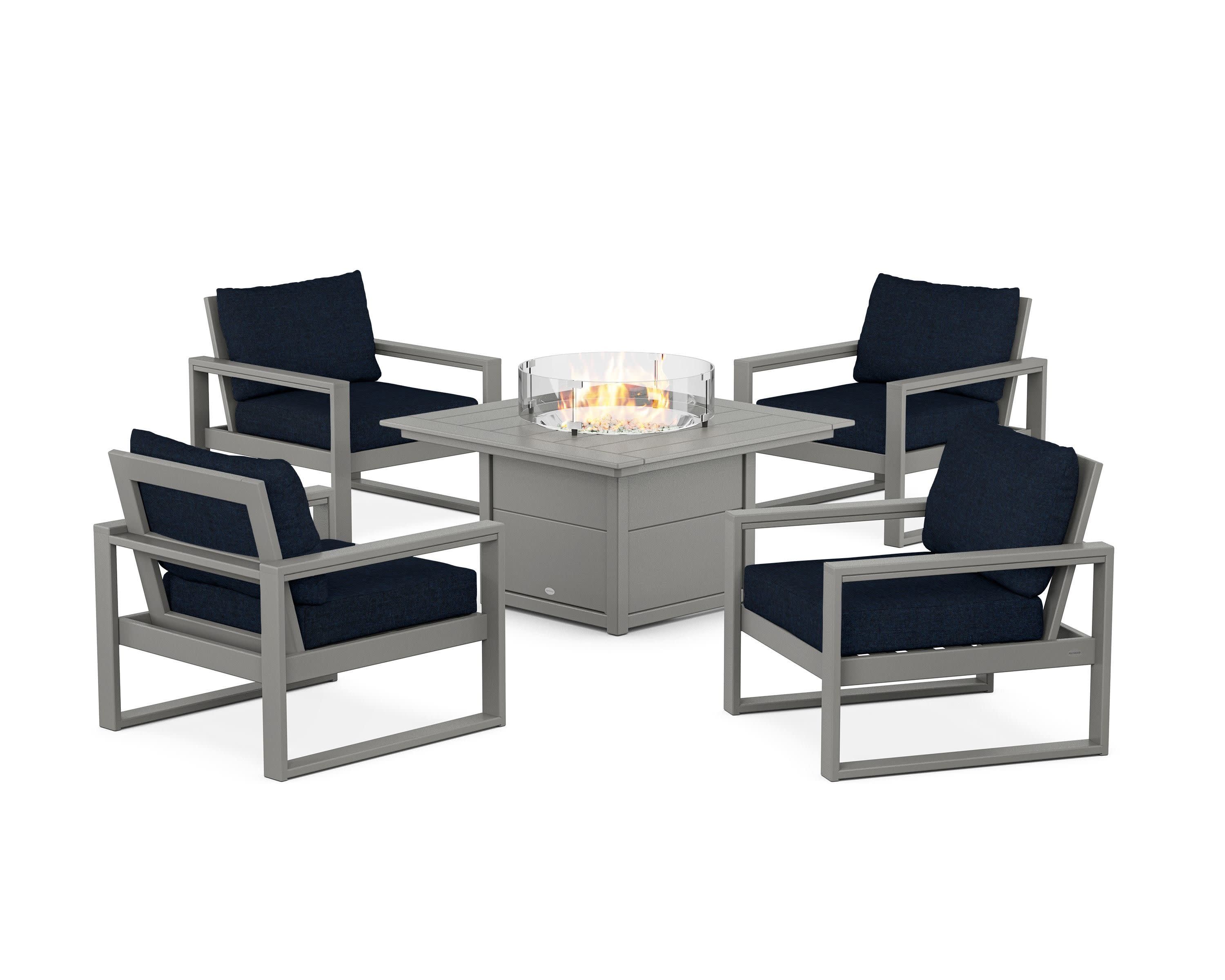 EDGE Sectional 5-Piece Deep Seating Set with Fire Pit Table in Slate Grey / Marine Indigo