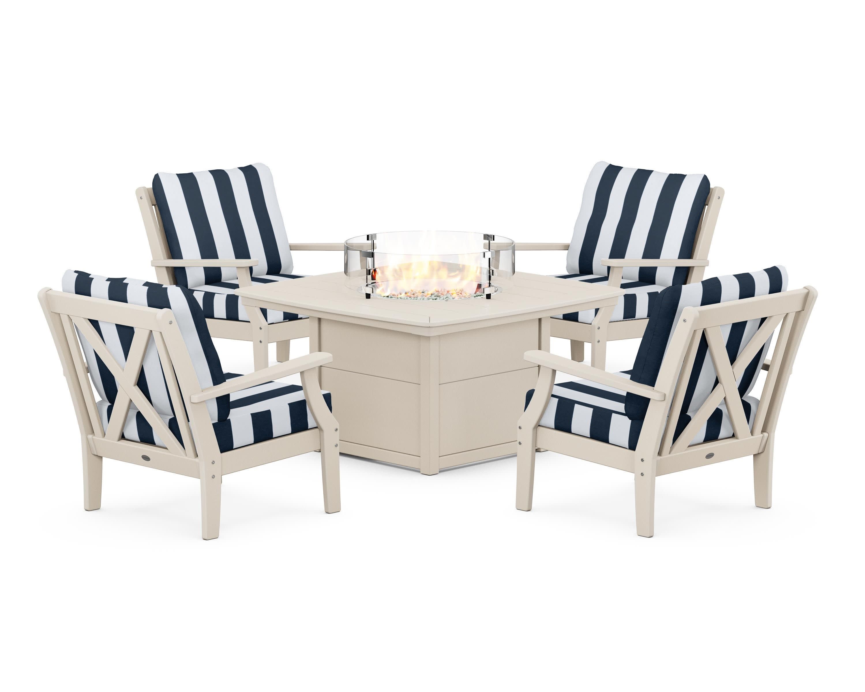 Braxton 5-Piece Deep Seating Conversation Set with Fire Pit Table in Sand / Cabana Stripe Marine Indigo