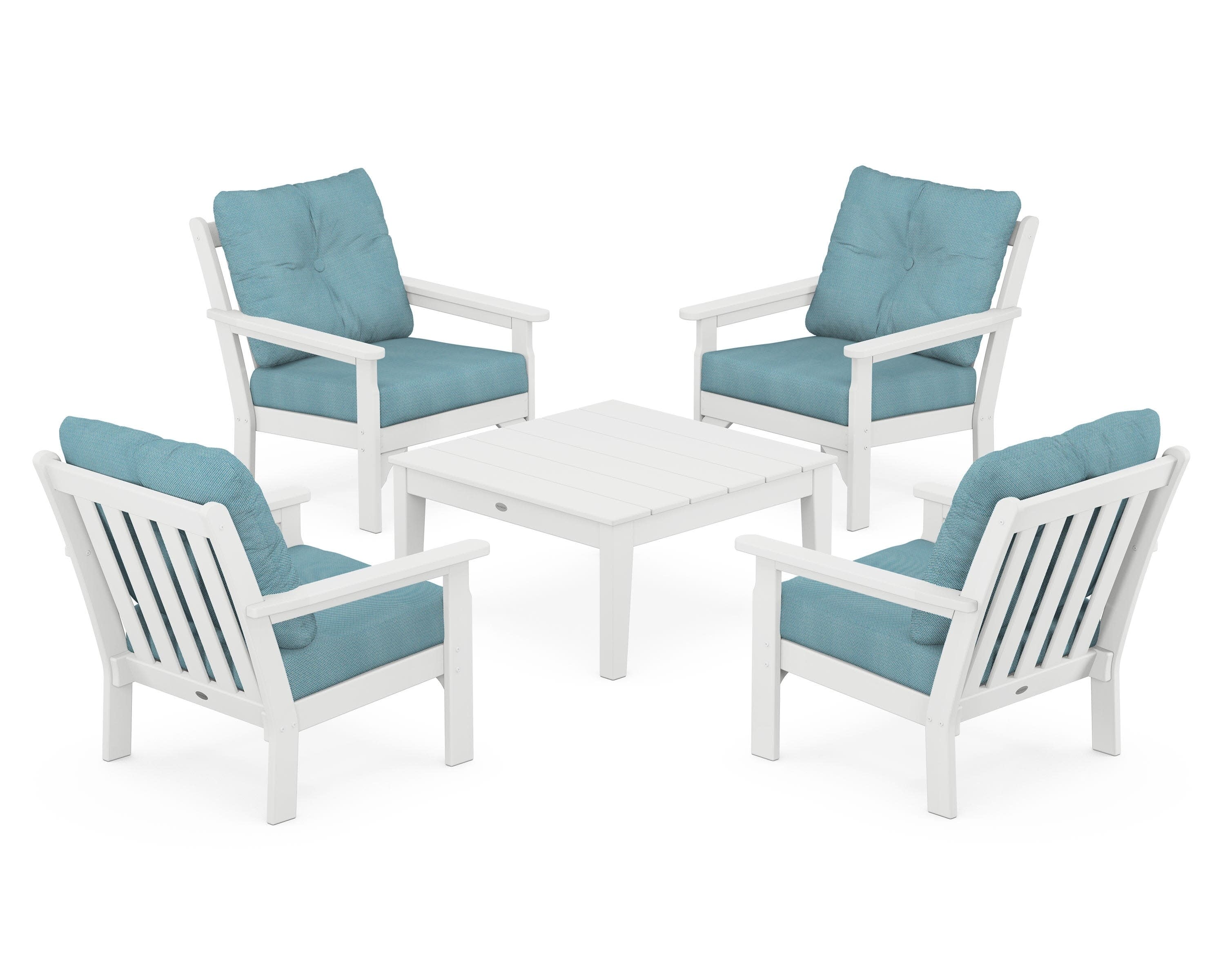 Vineyard 5-Piece Deep Seating Conversation Set in White / Lattice Sky Blue