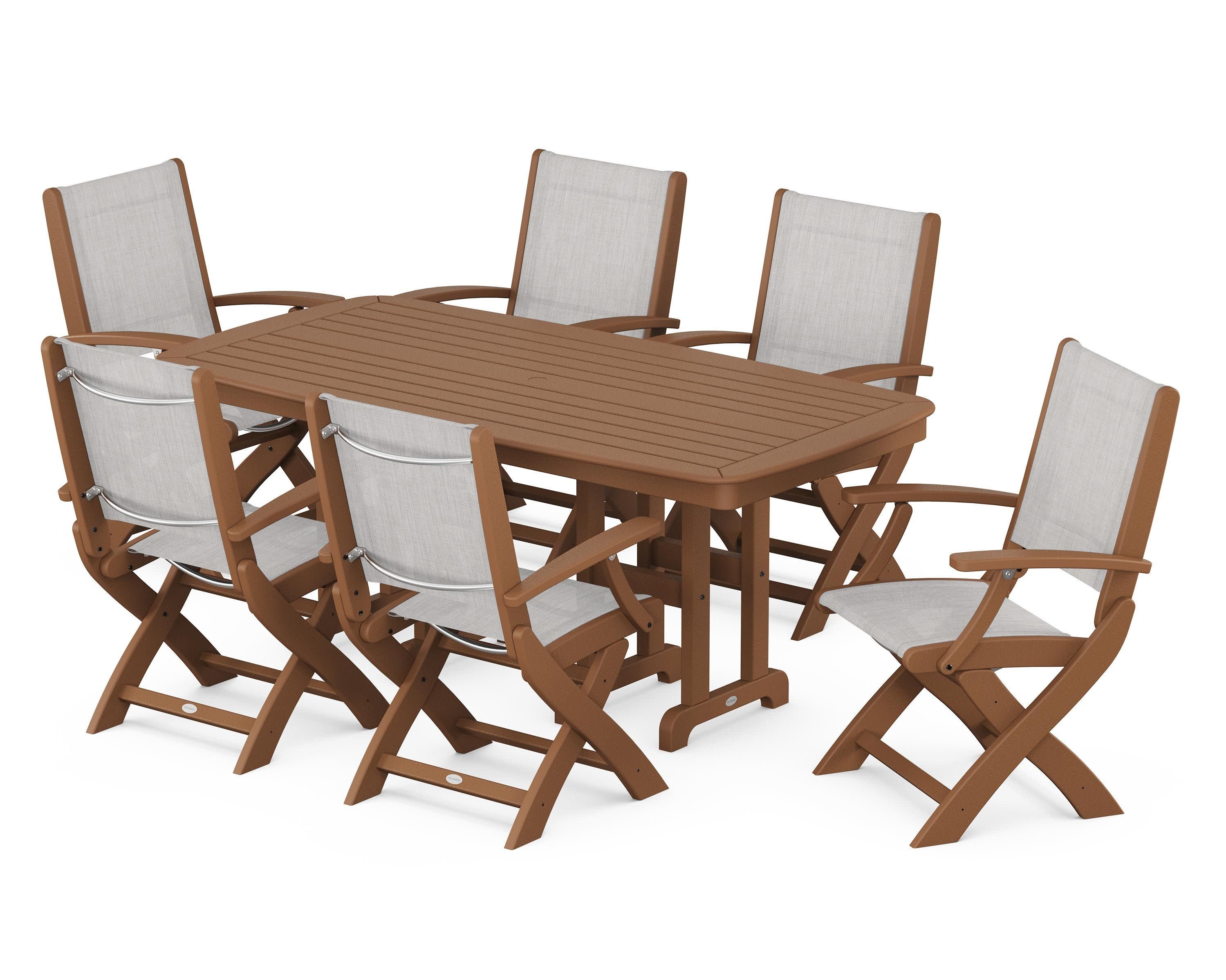 Coastal Folding Arm Chair 7-Piece Dining Set in Teak / Parchment Sling