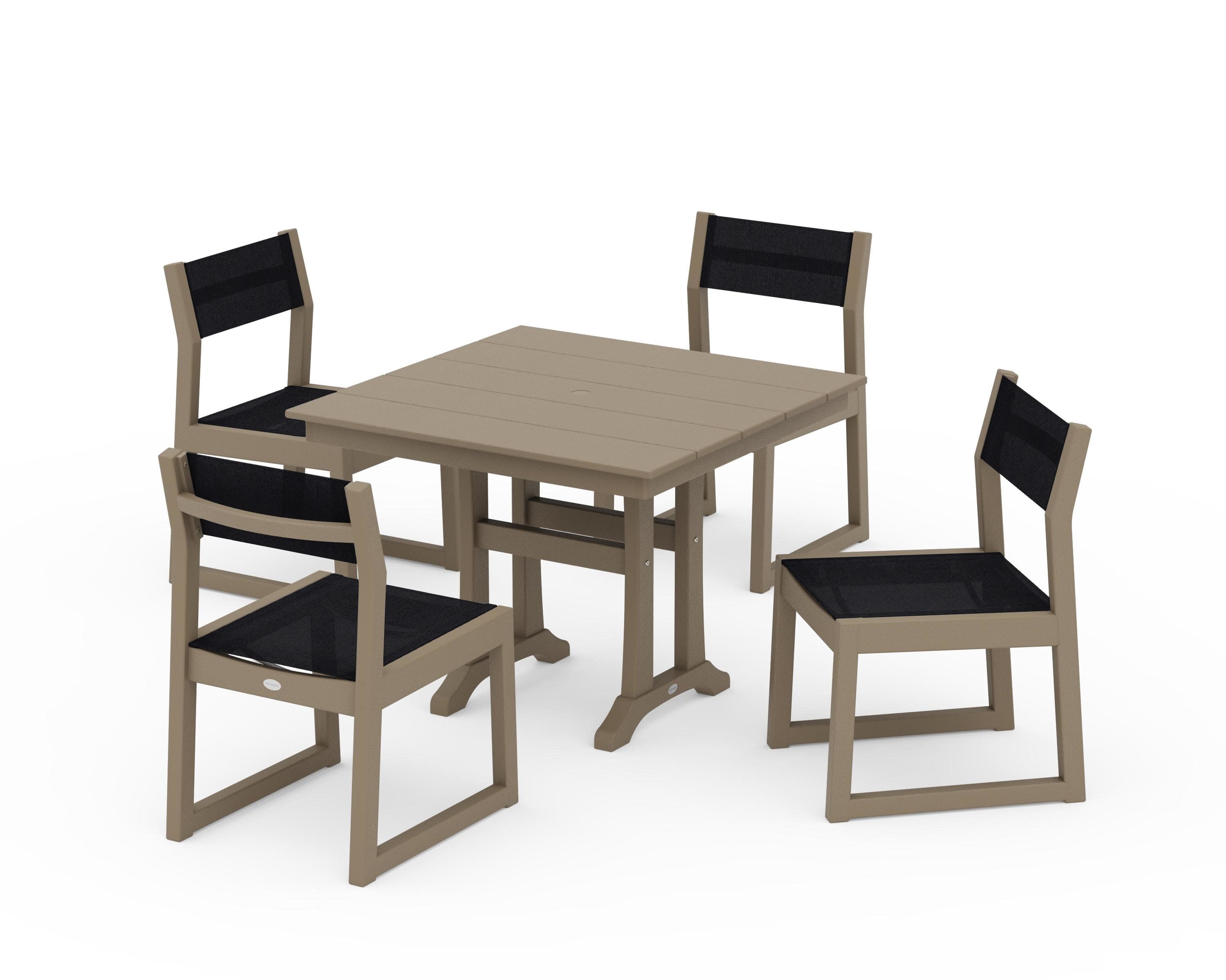 EDGE Sling 5-Piece Farmhouse Trestle Side Chair Dining Set in Vintage Sahara / Black Sling
