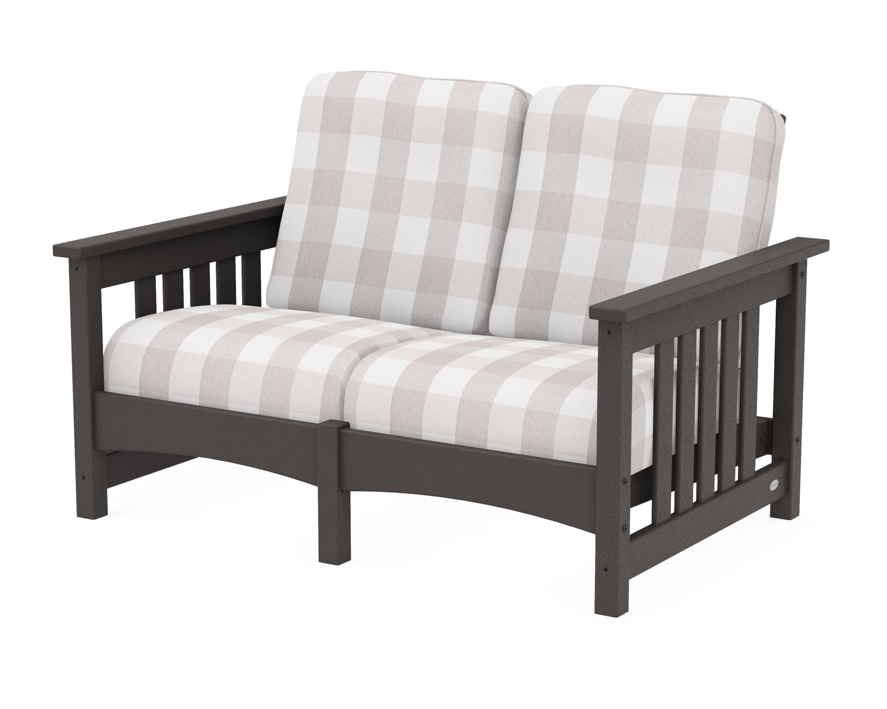 Club Mission Loveseat in Vintage Coffee / Buffalo Plaid Dune Burlap