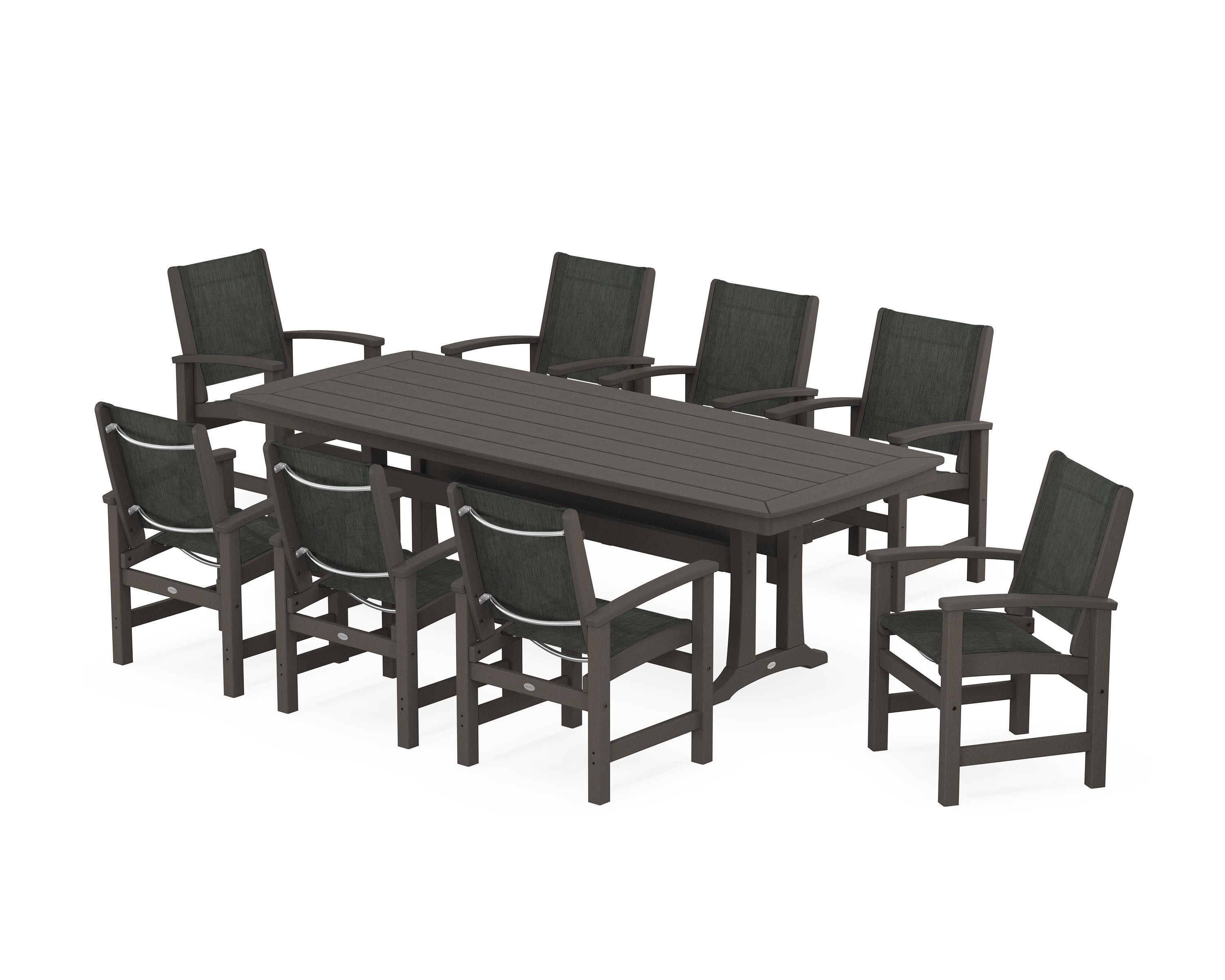 Coastal 9-Piece Dining Set with Trestle Legs in Vintage Coffee / Ember Sling