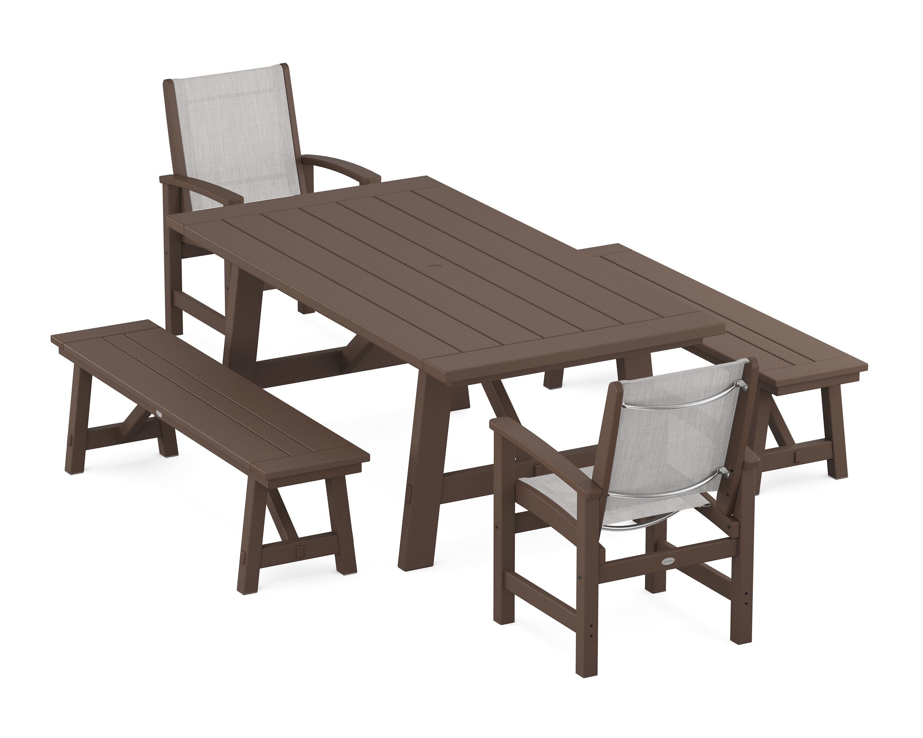 Coastal 5-Piece Rustic Farmhouse Dining Set With Benches in Mahogany / Parchment Sling