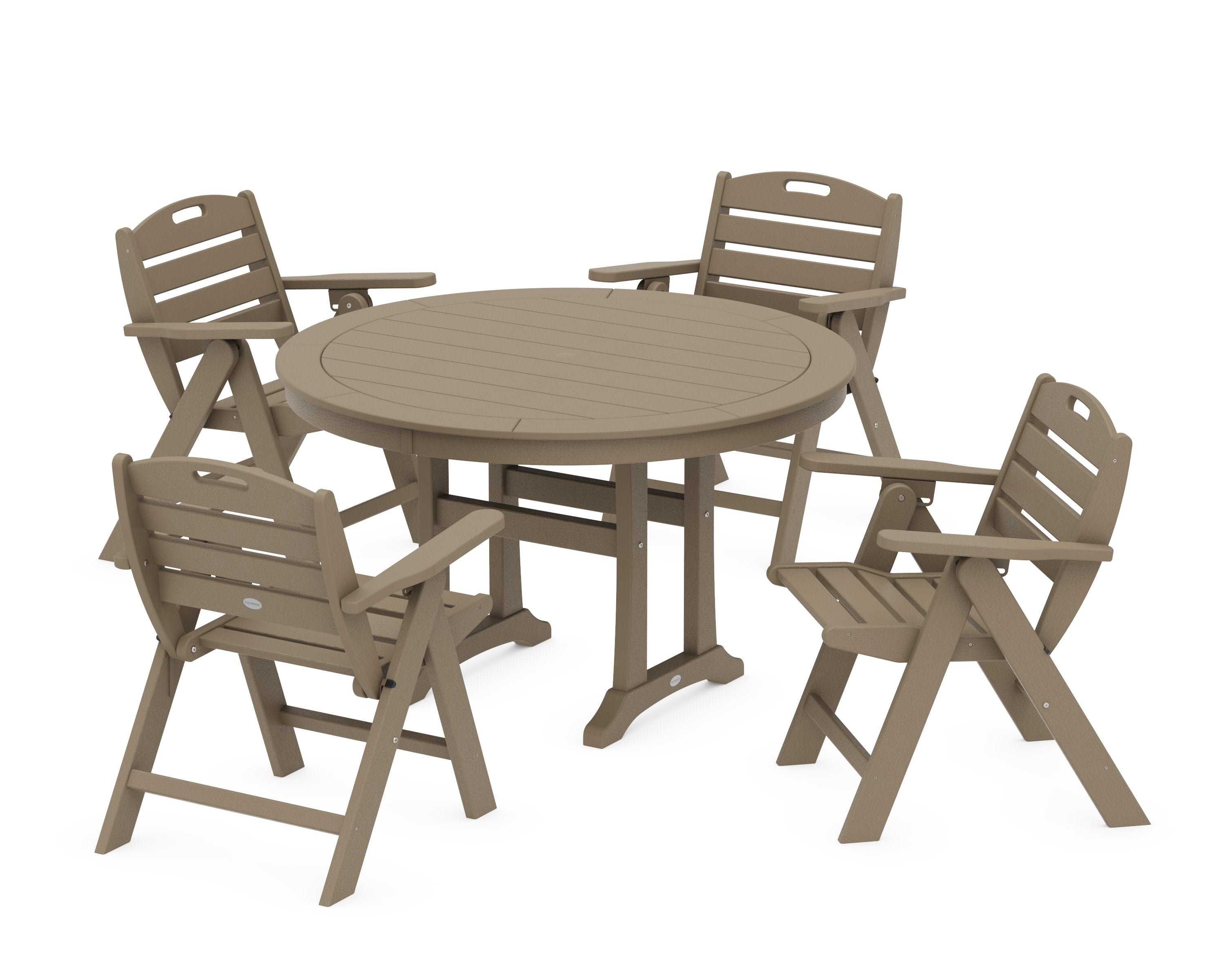 Nautical Folding Lowback Chair 5-Piece Round Dining Set With Trestle Legs in Vintage Sahara