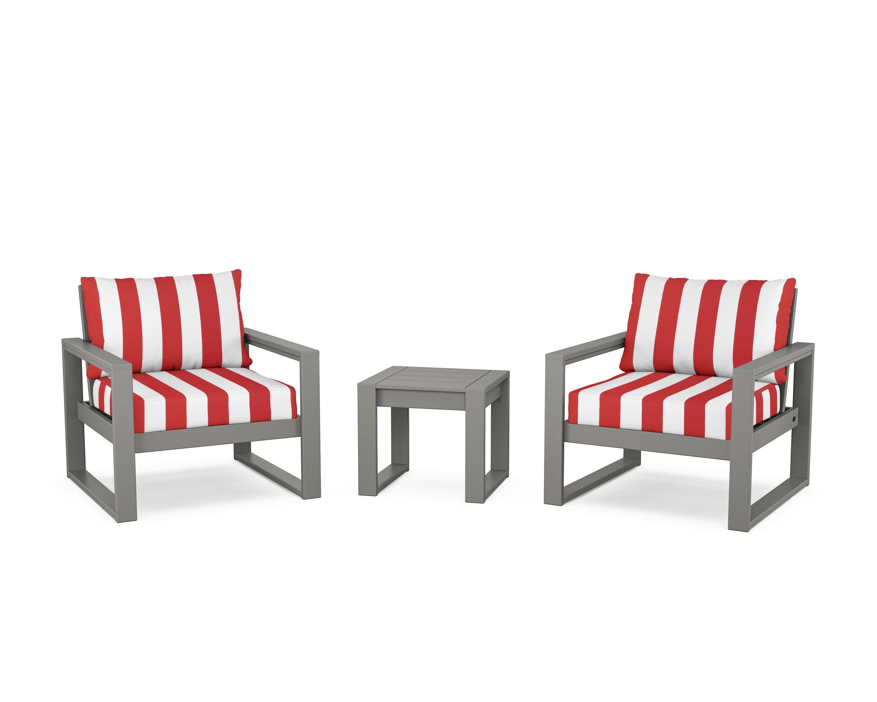 EDGE Sectional 3-Piece Deep Seating Set in Slate Grey / Cabana Stripe Crimson