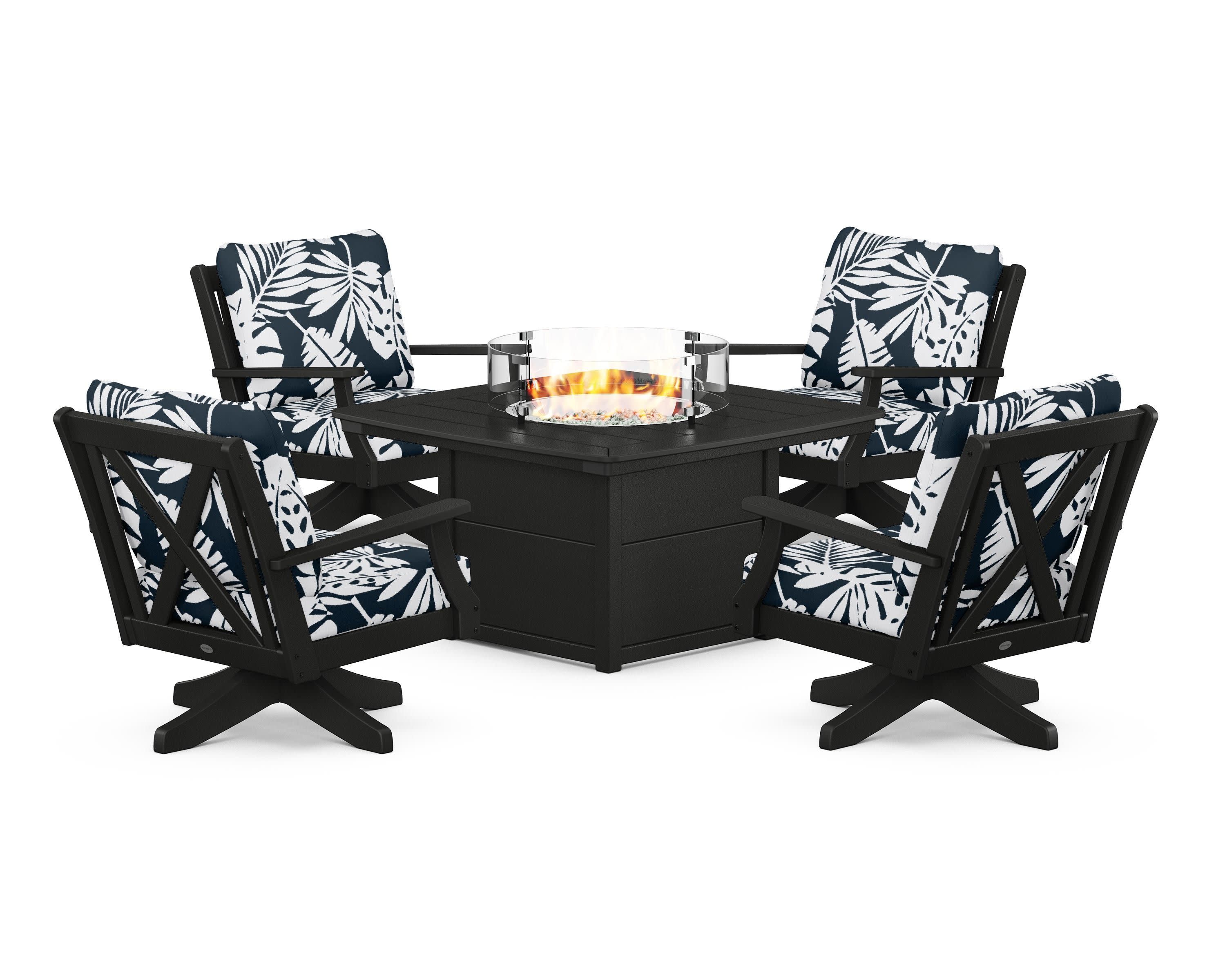 Braxton 5-Piece Deep Seating Swivel Conversation Set with Fire Pit Table in Black / Leaf Marine Indigo