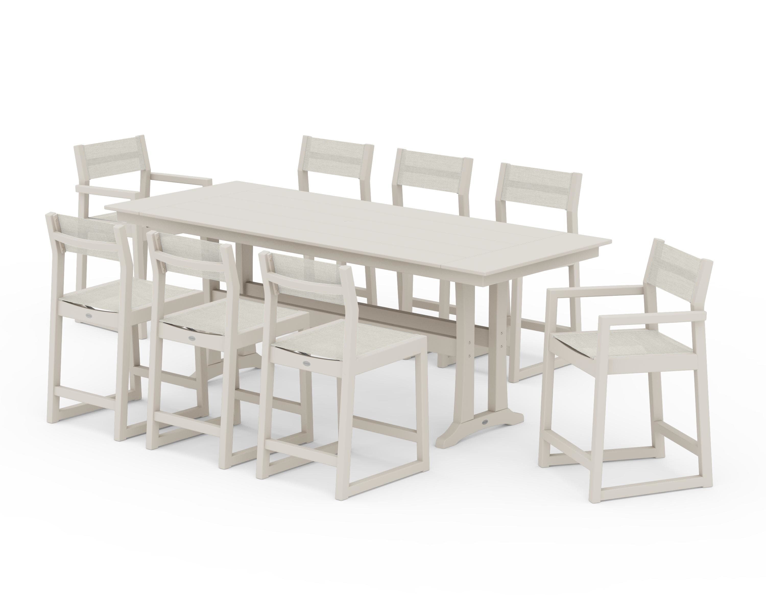 EDGE Sling 9-Piece Farmhouse Counter Set with Trestle Legs in Sand / Parchment Sling