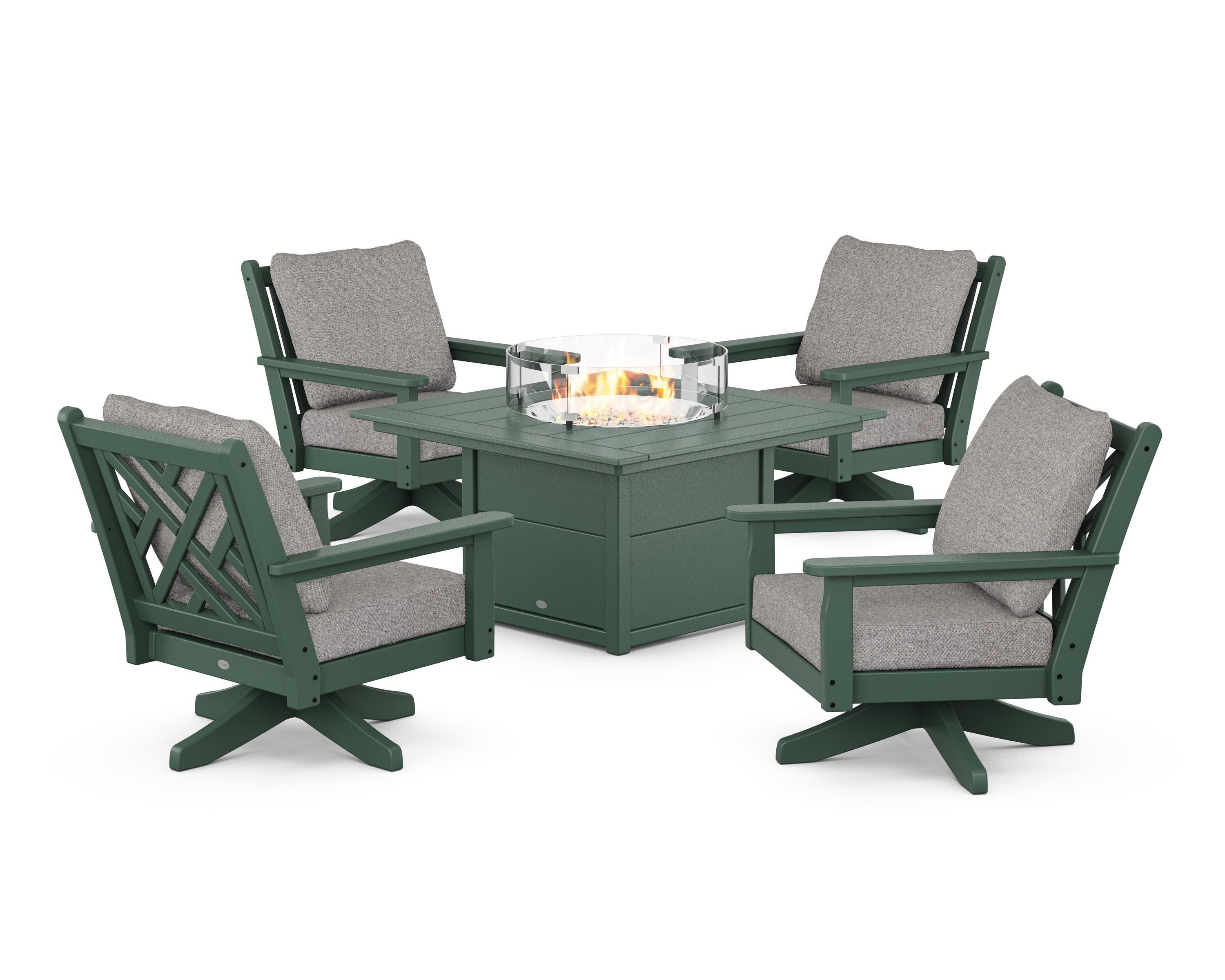 Chippendale 5-Piece Deep Seating Swivel Conversation Set with Fire Pit Table in Green / Grey Mist