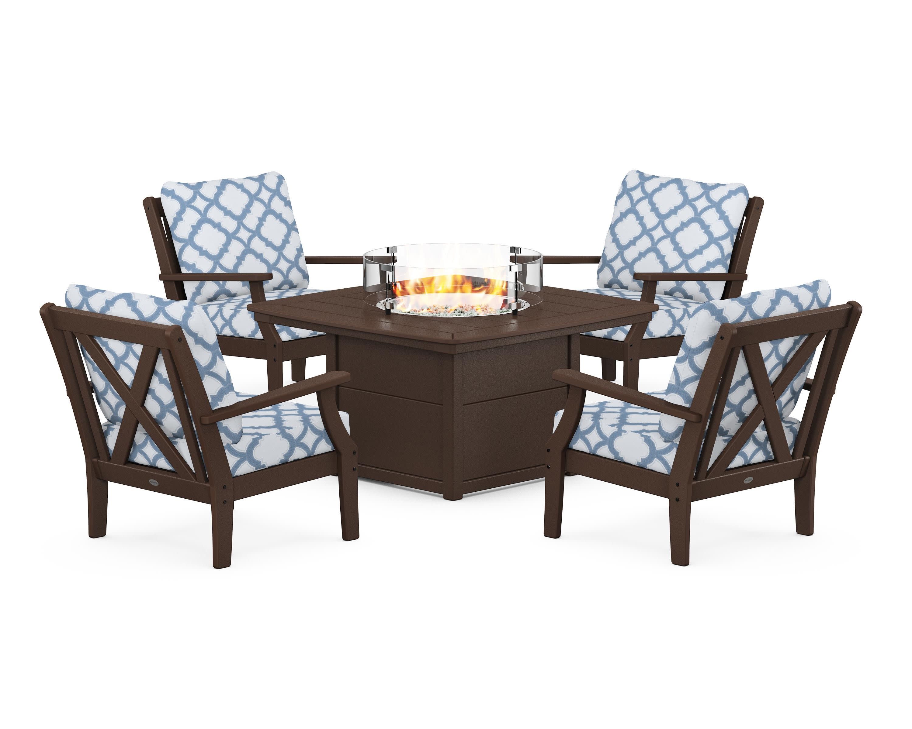 Braxton 5-Piece Deep Seating Conversation Set with Fire Pit Table in Mahogany / Trellis Sky Blue