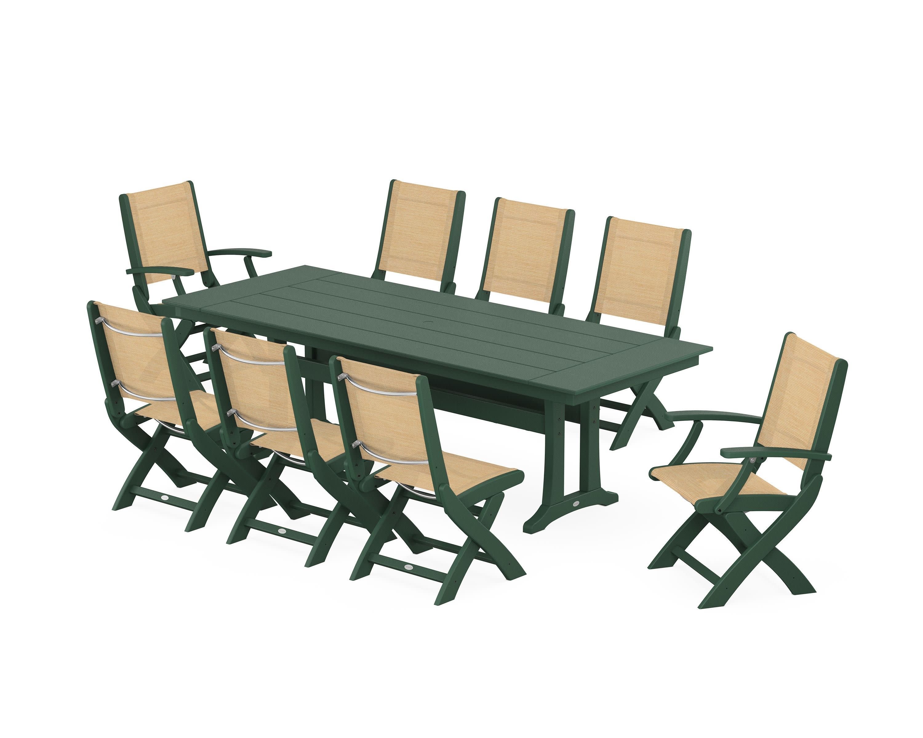 Coastal 9-Piece Folding Dining Chair Farmhouse Dining Set with Trestle Legs in Green / Dupioni Apricot Sling