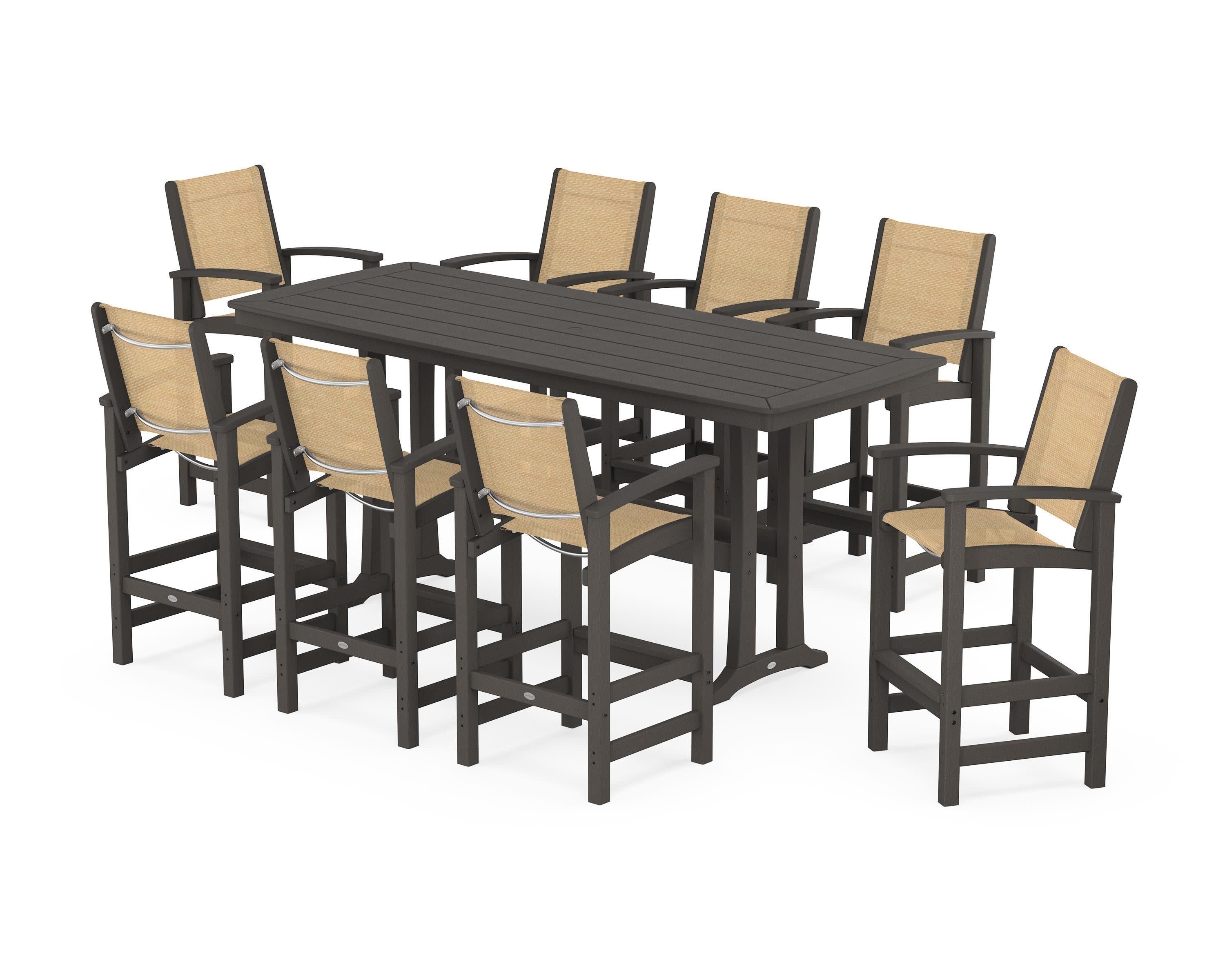 Coastal 9-Piece Bar Set with Trestle Legs in Vintage Coffee / Dupioni Apricot Sling