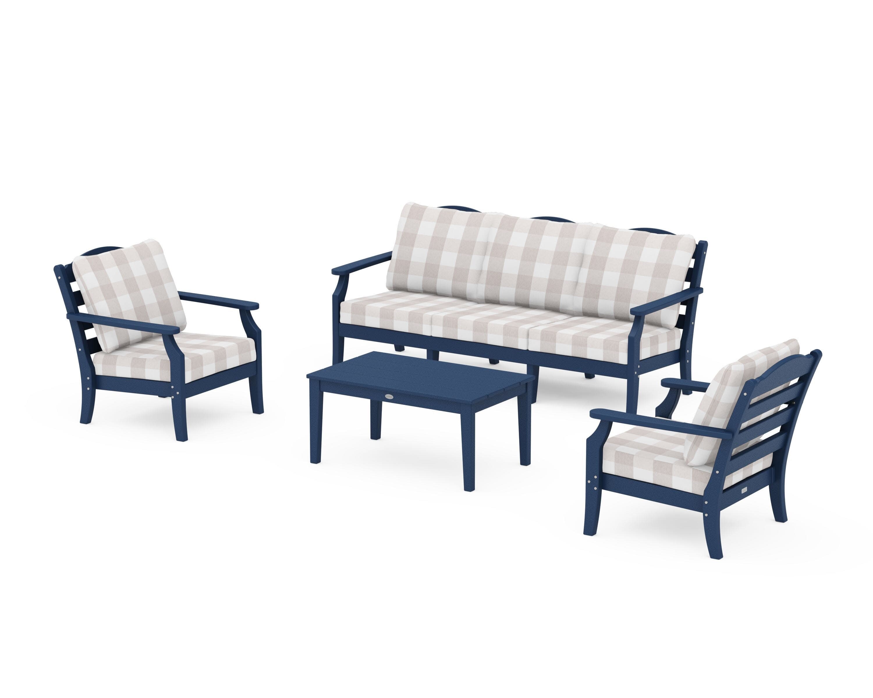 Savannah 4-Piece Deep Seating Set with Sofa in Navy / Buffalo Plaid Dune Burlap