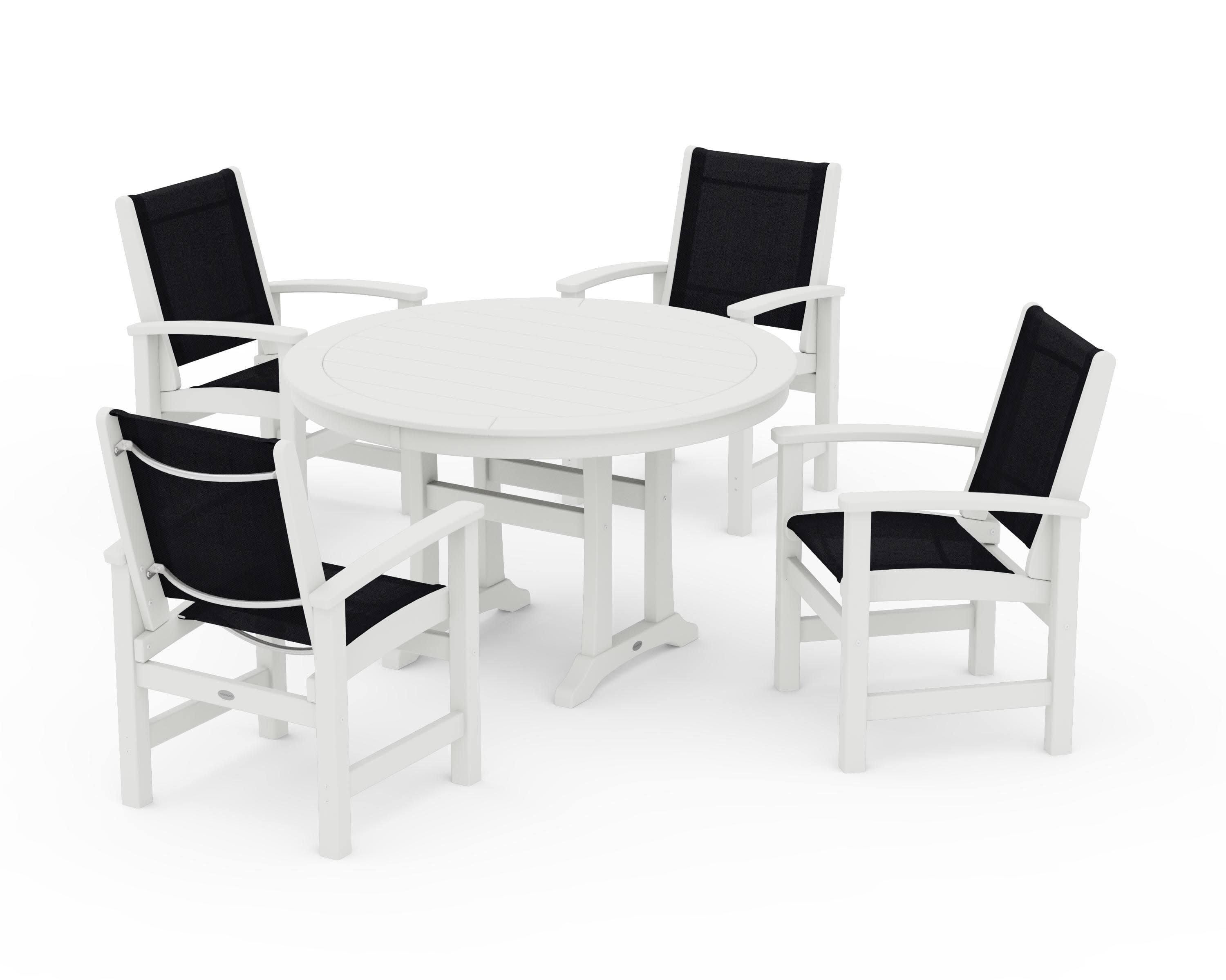 Coastal 5-Piece Round Dining Set with Trestle Legs in Vintage White / Black Sling