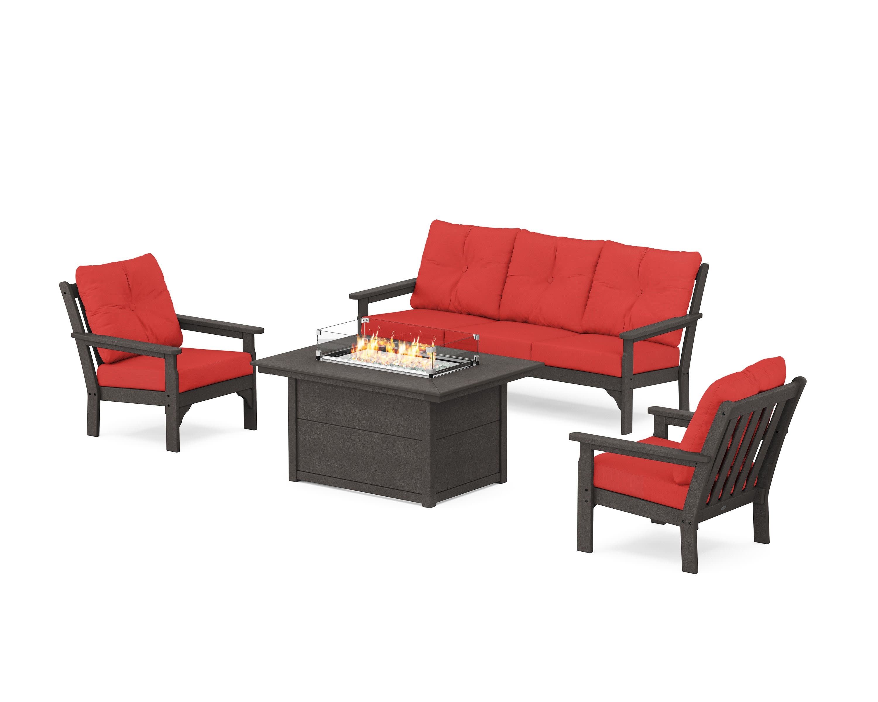 Vineyard Deep Seating Fire Pit Table Set in Vintage Coffee / Crimson Linen