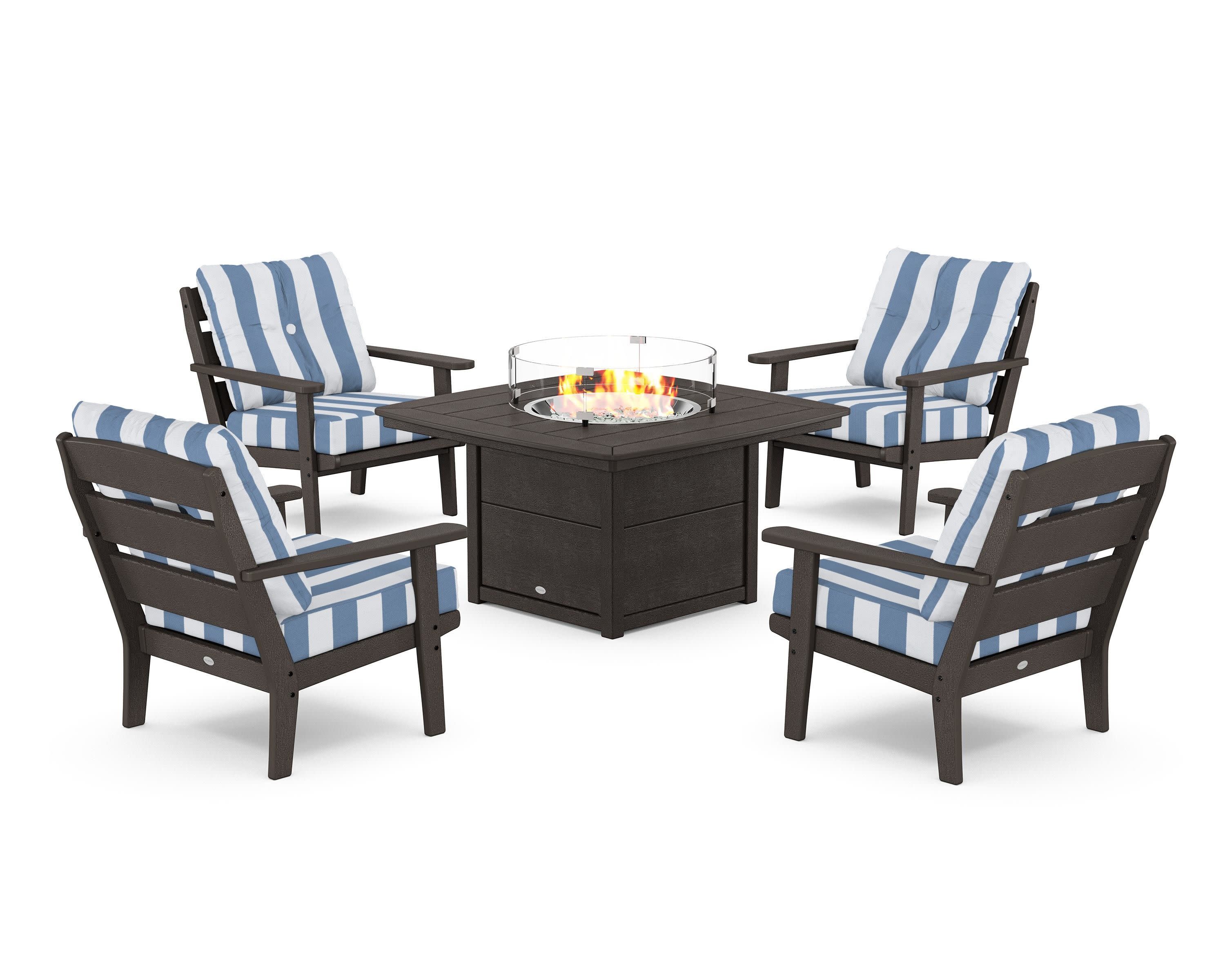 Lakeside 5-Piece Deep Seating Set with Nautical Fire Pit Table in Vintage Coffee / Cabana Stripe Sky Blue