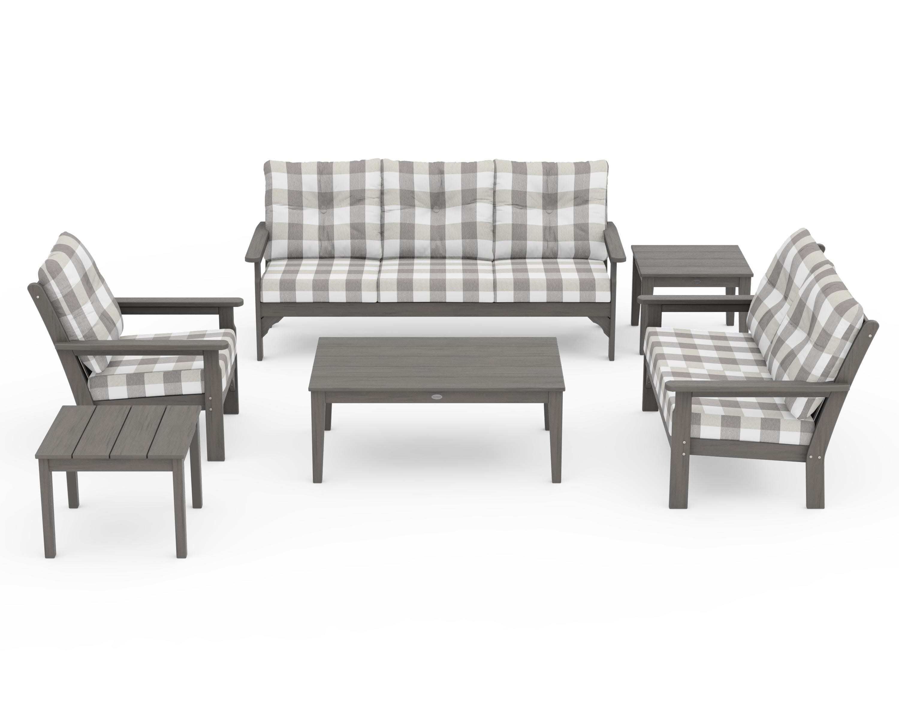 Vineyard 6-Piece Deep Seating Set in Driftwood / Buffalo Plaid Grey Mist