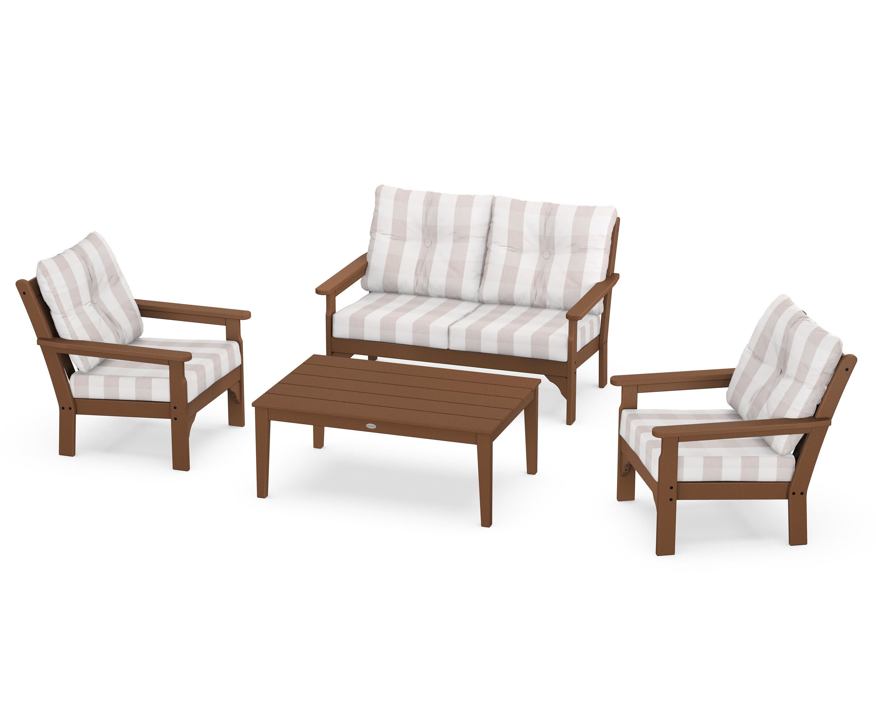 Vineyard 4-Piece Deep Seating Set in Teak / Buffalo Plaid Dune Burlap