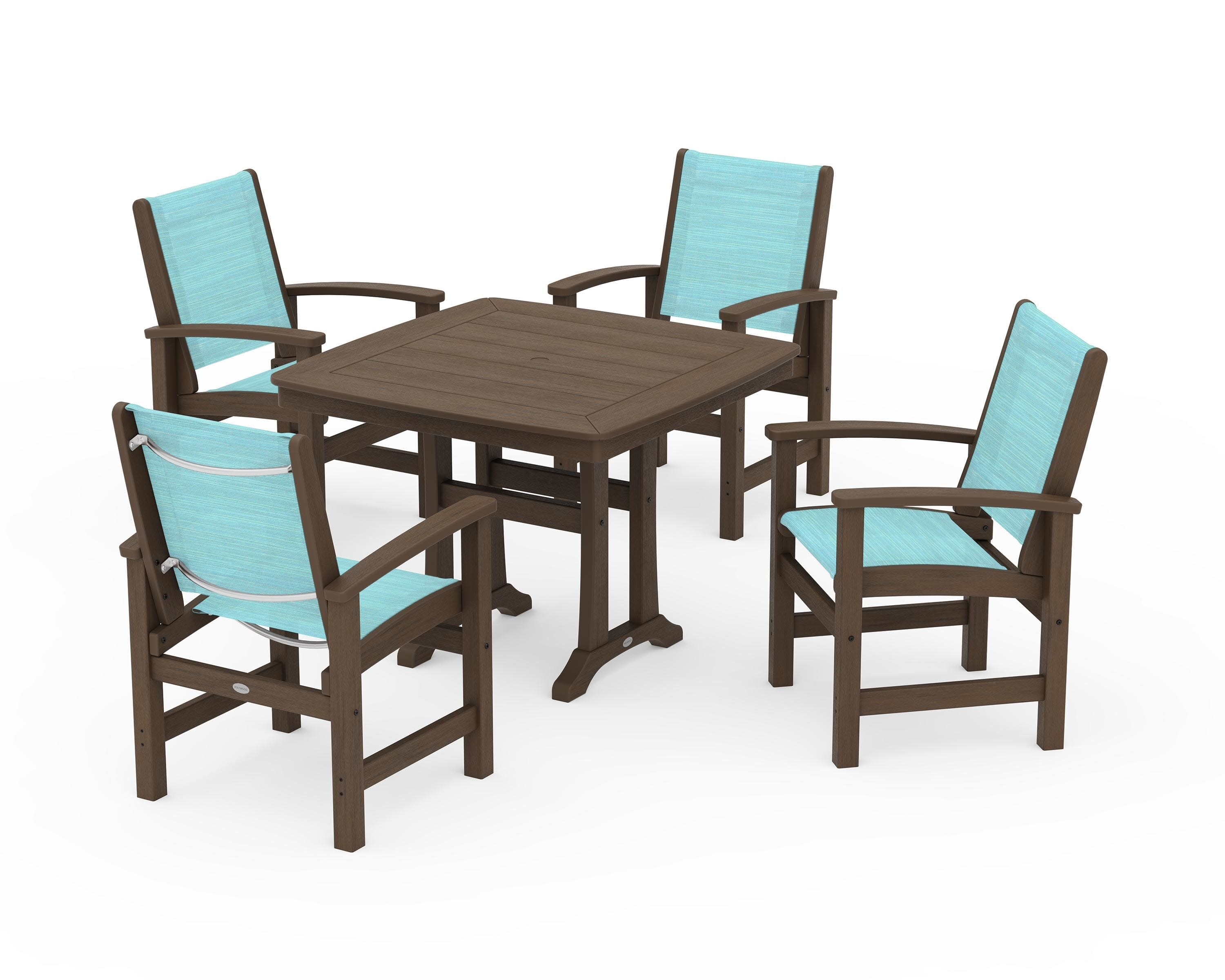 Coastal 5-Piece Dining Set with Trestle Legs in Kona / Dupioni Aquamarine Sling