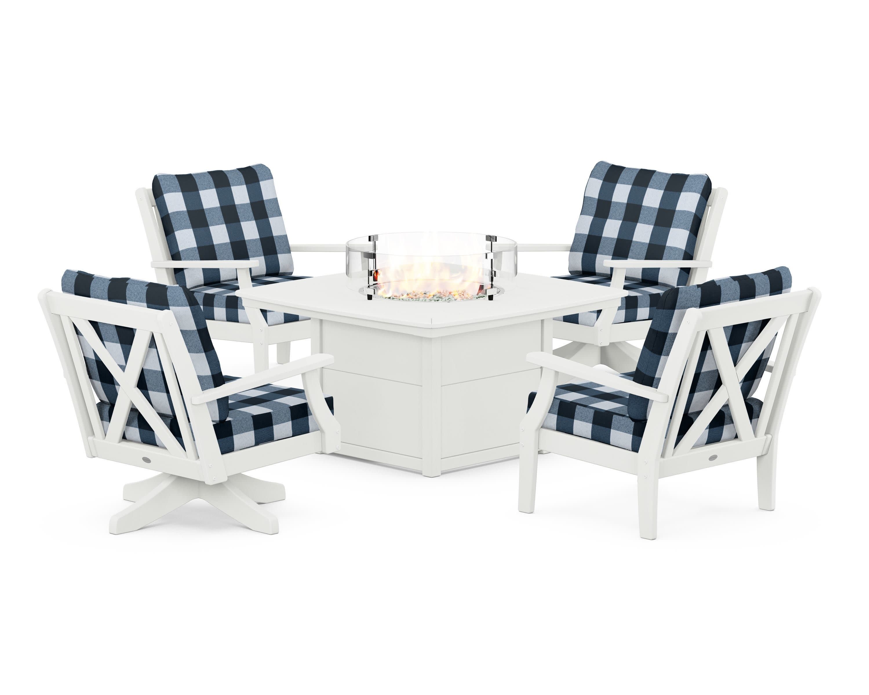 Braxton 5-Piece Deep Seating Set with Fire Table in Vintage White / Buffalo Plaid Marine Indigo