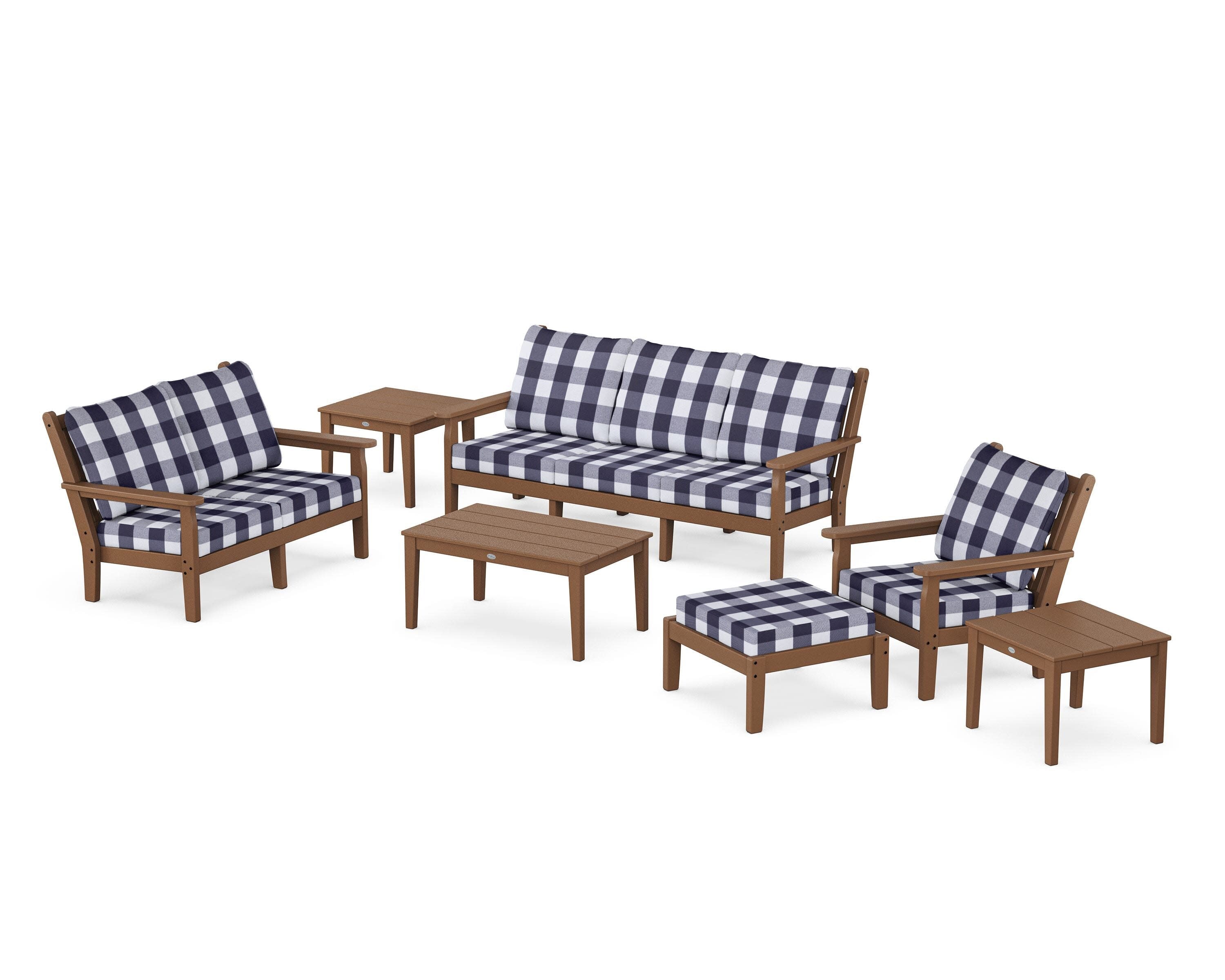 Chippendale 7-Piece Deep Seating Set in Teak / Buffalo Plaid Navy