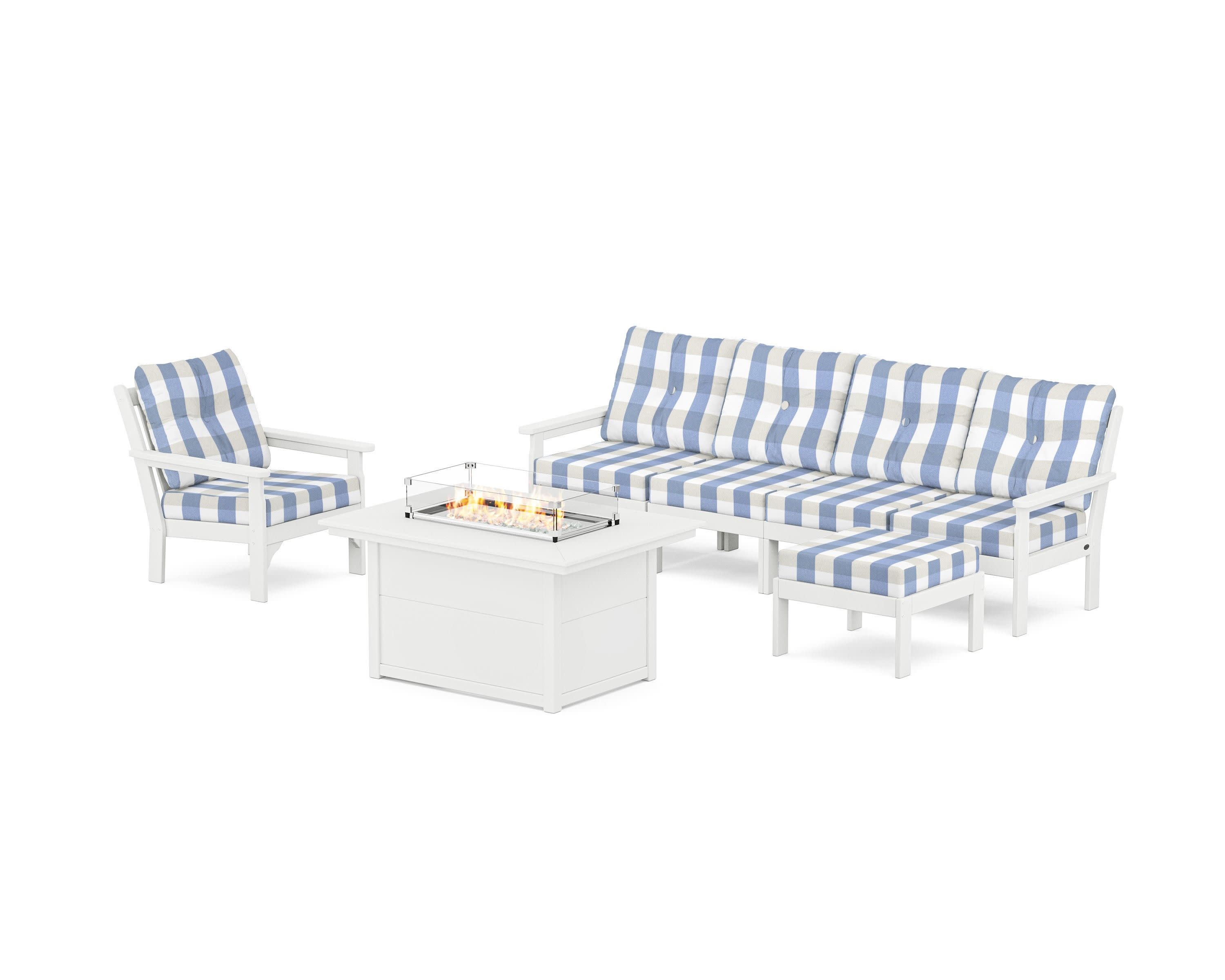 Vineyard Sectional Lounge and Fire Pit Set in White / Buffalo Plaid Sky Blue