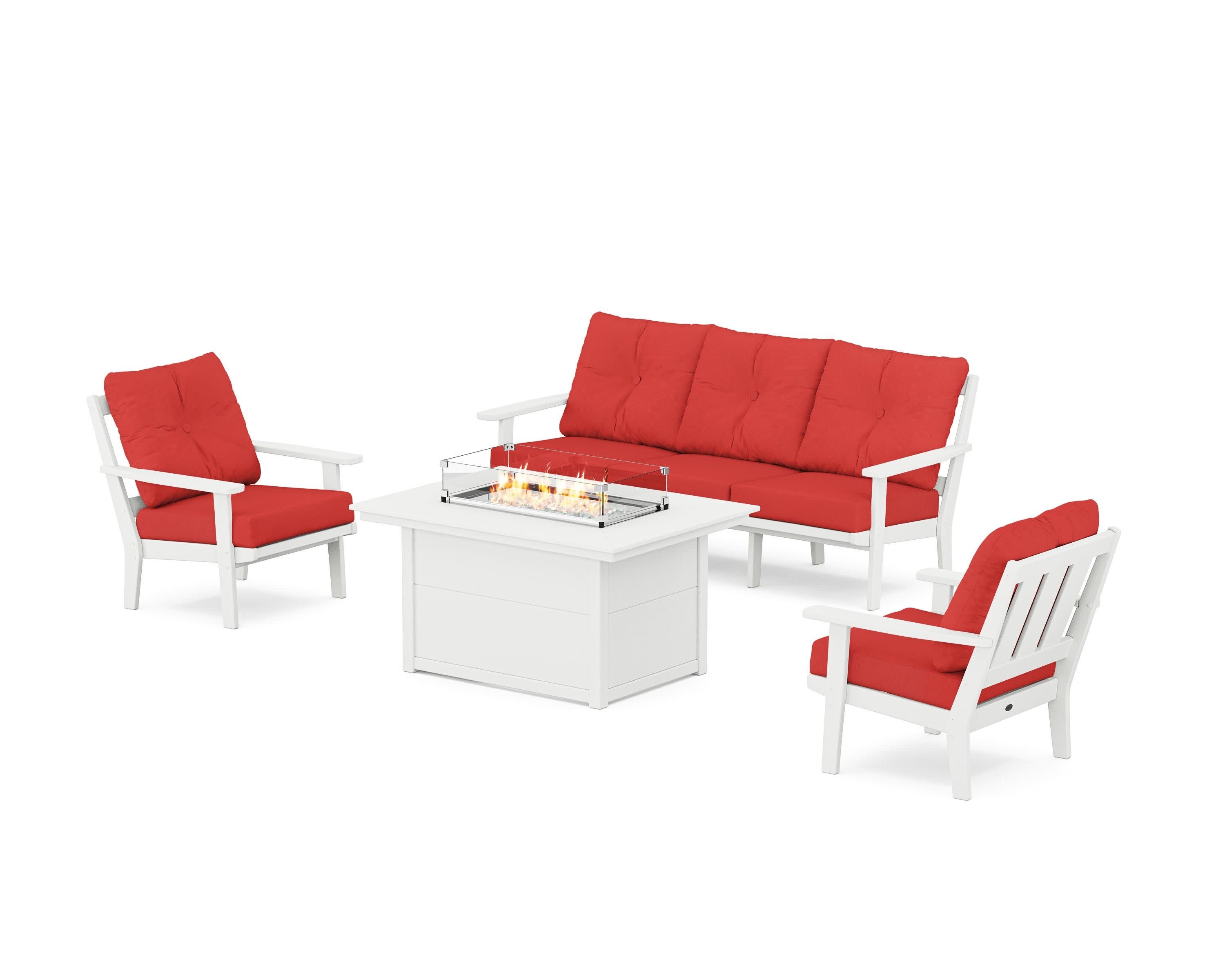 Oxford Deep Seating Fire Pit Table Set in White / Crimson Linen