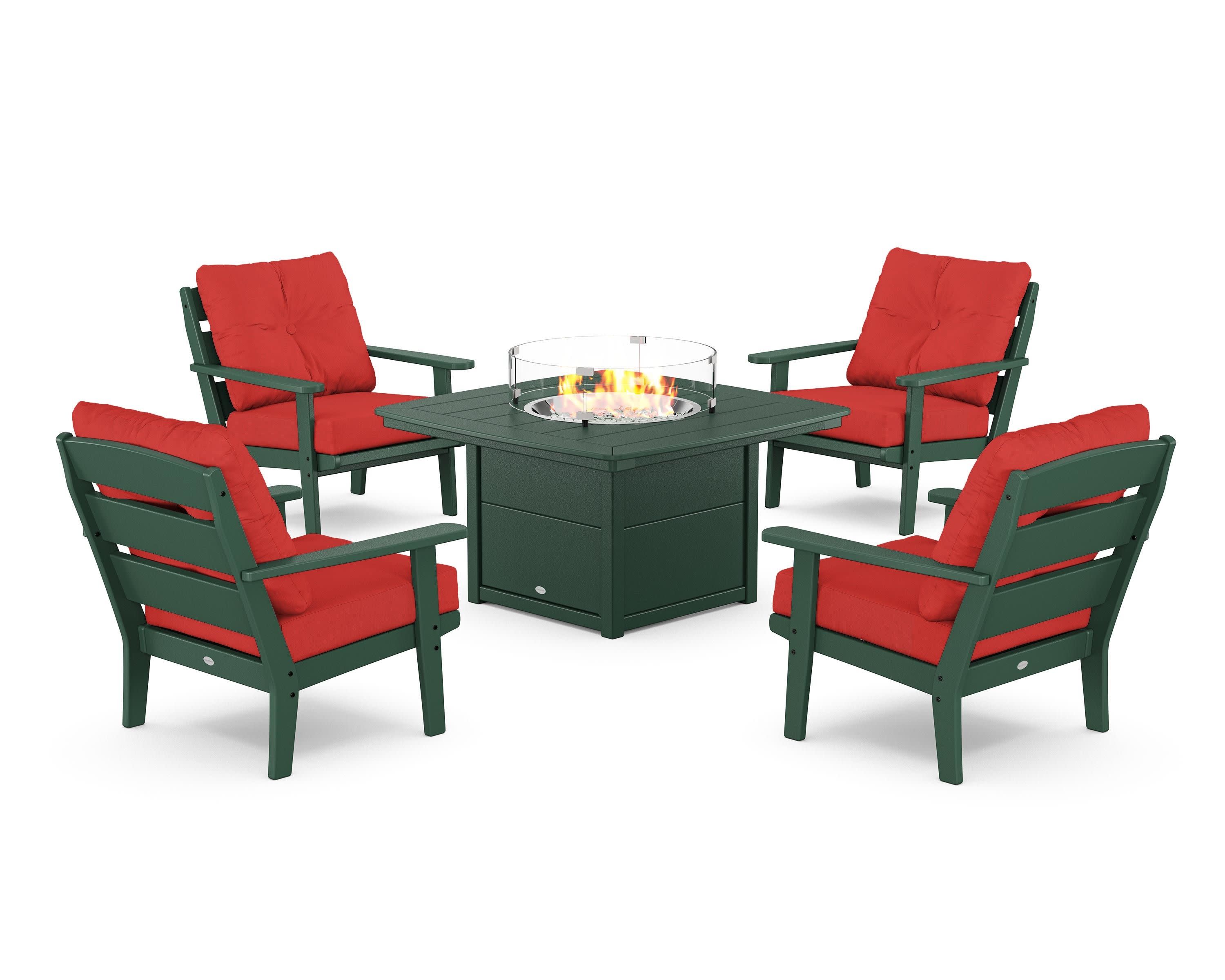 Lakeside 5-Piece Deep Seating Set with Nautical Fire Pit Table in Green / Crimson Linen