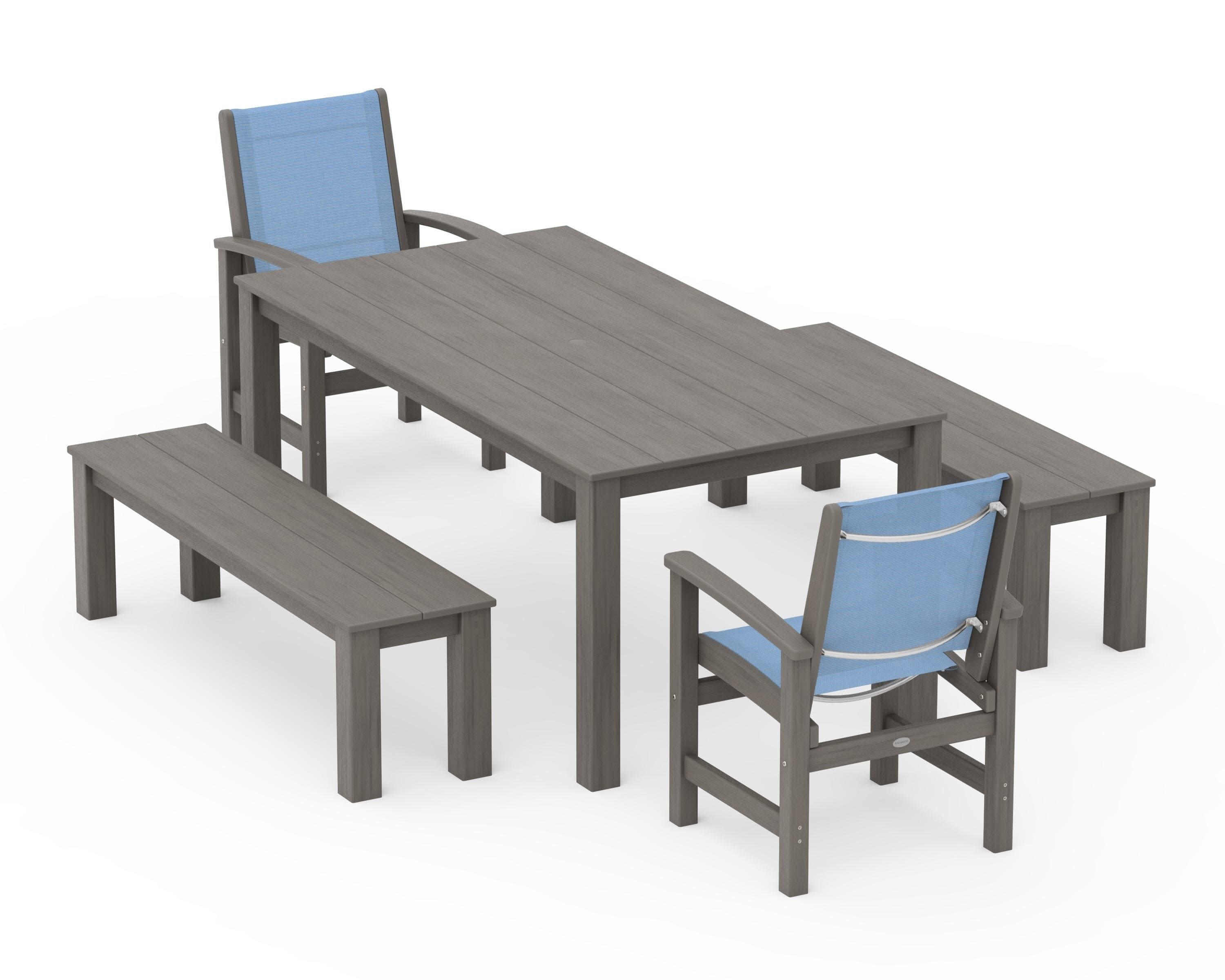 Coastal 5-Piece Parsons Dining Set with Benches in Driftwood / Poolside Sling